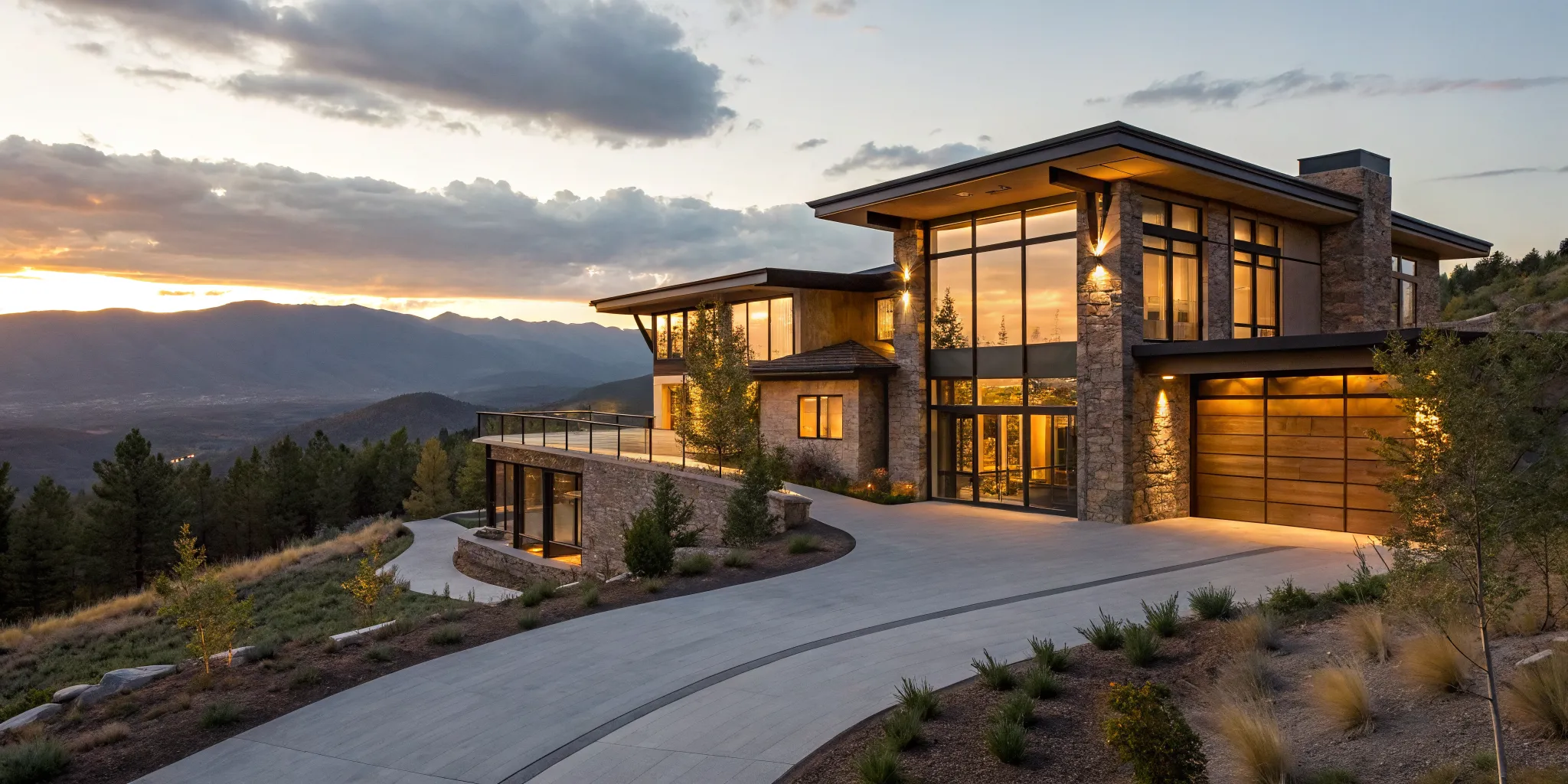 A modern mountain second home at sunset, financed with competitive jumbo loan rates.