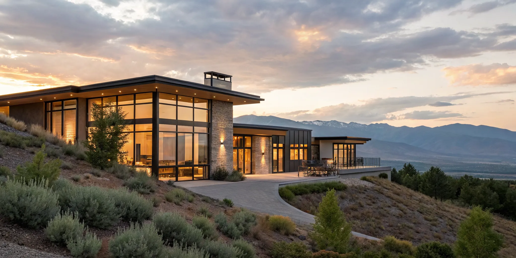 Modern second home in a ski resort with large windows showing the mountain sunset.