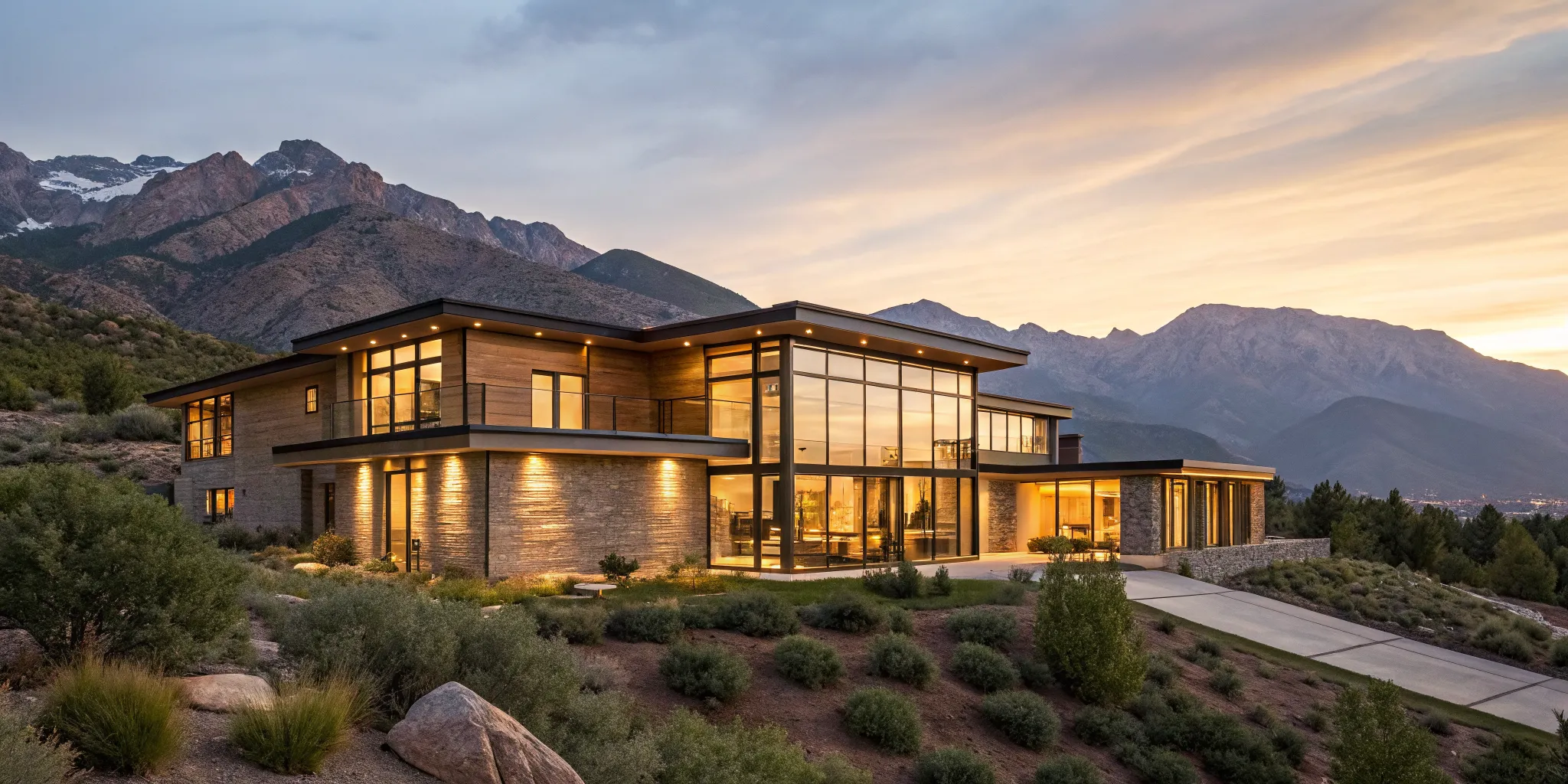 Get pre-approved for a non-qm loan to buy a modern second home in the mountains at sunset.