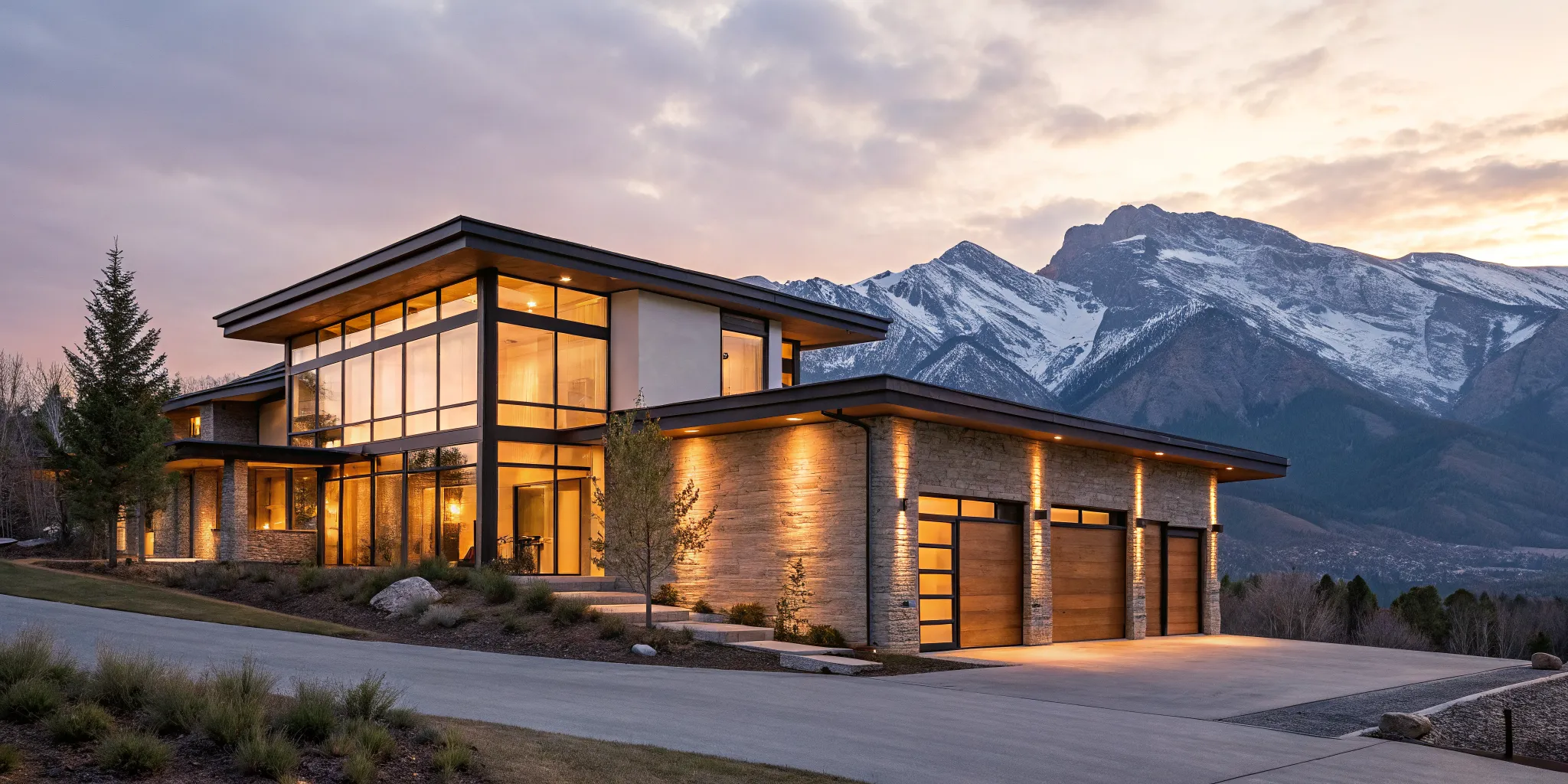 A modern mountain home at sunset, a property that meets jumbo loan requirements.