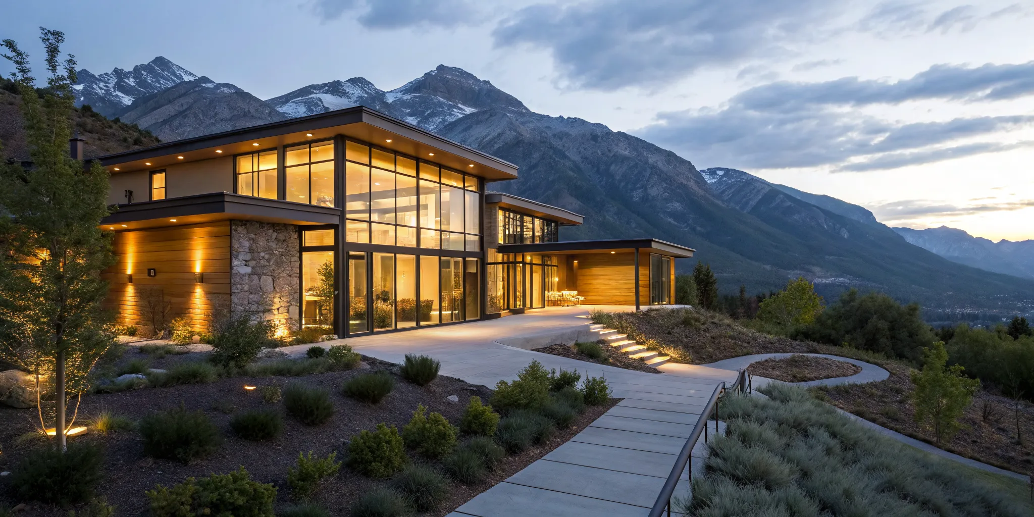 Luxury mountain home at dusk, a property financed with a jumbo loan at competitive rates.
