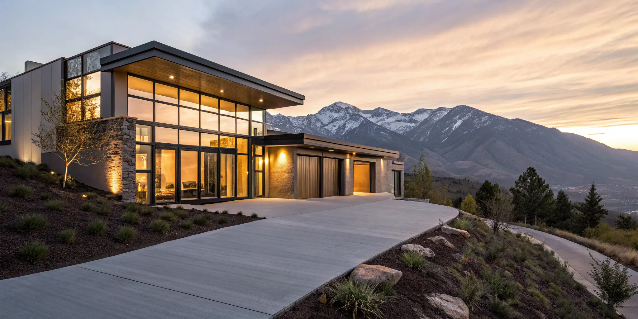 A modern mountain vacation home at sunset, a goal for those financing a vacation home.