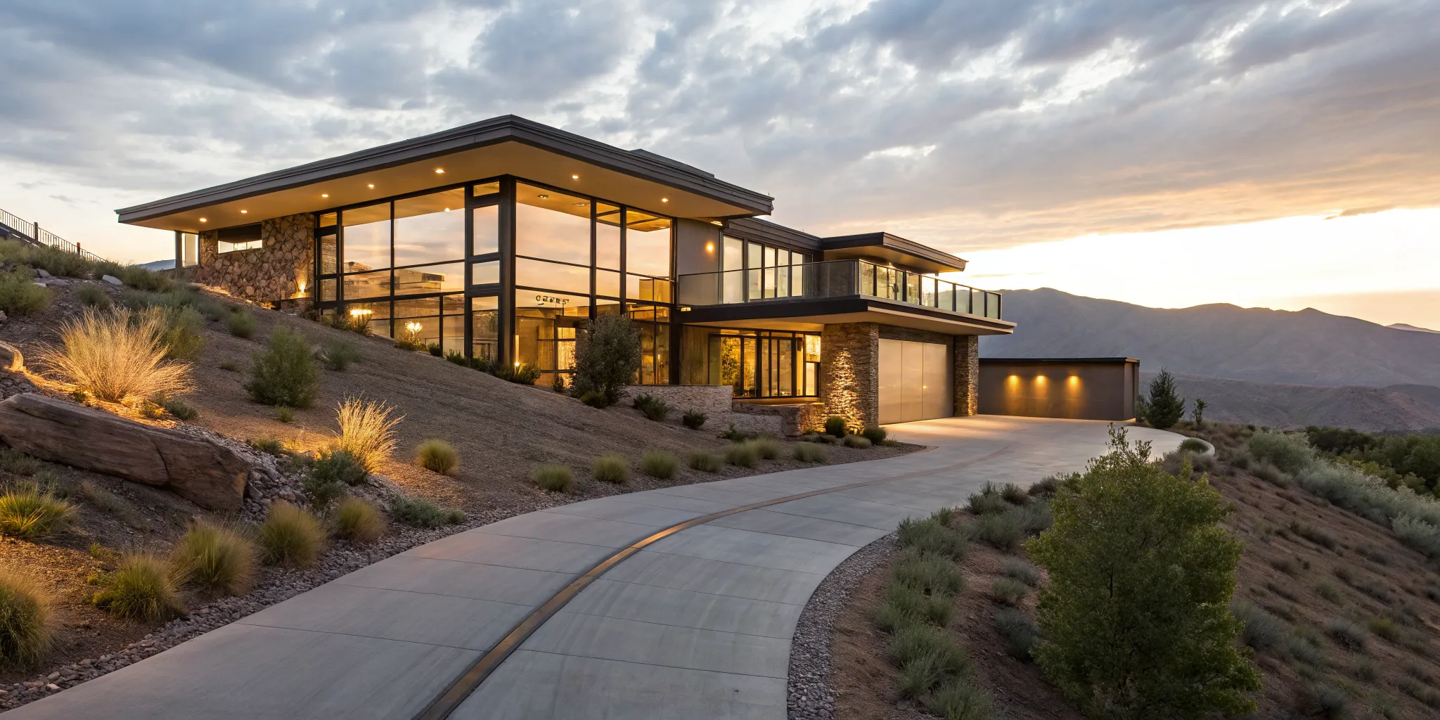 Modern hillside home at sunset, purchased with a 24-month bank statement loan.