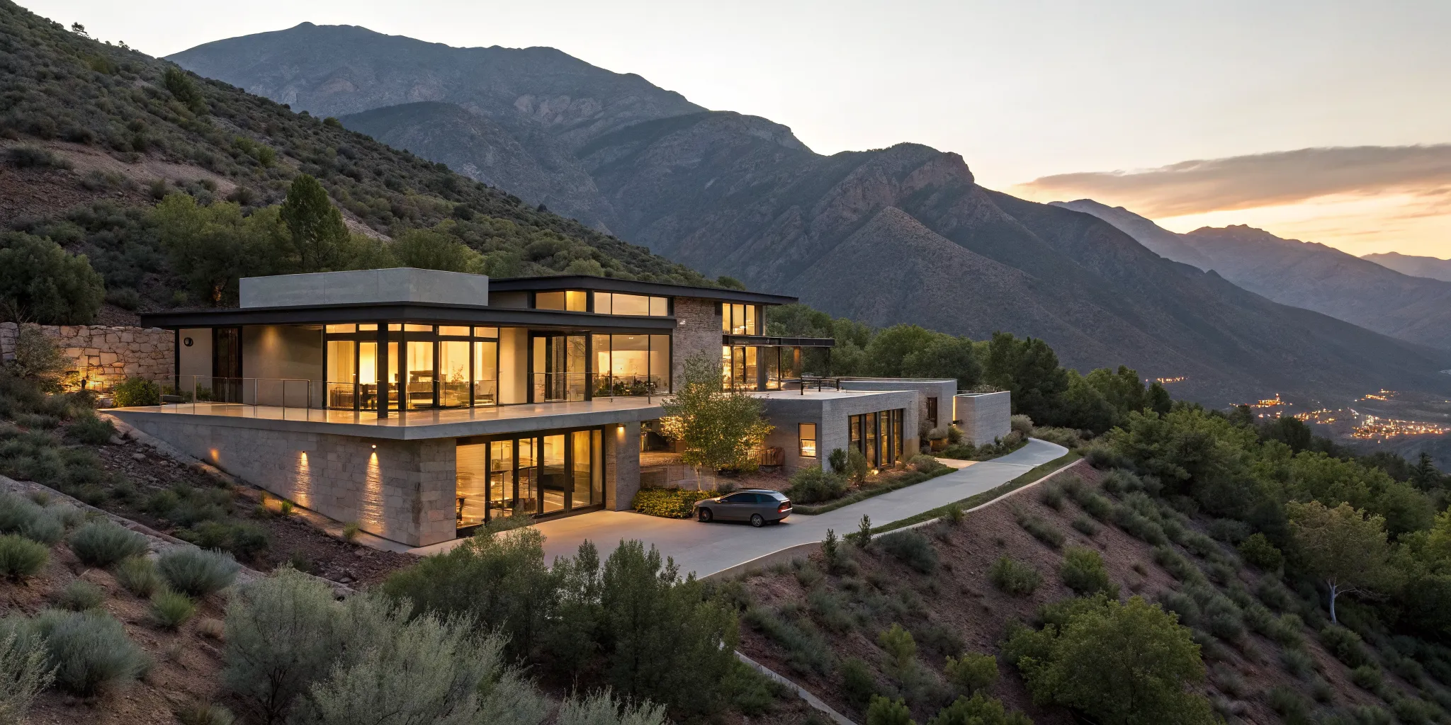 Modern second home at sunset, a property analyzed with a DSCR loan calculator.