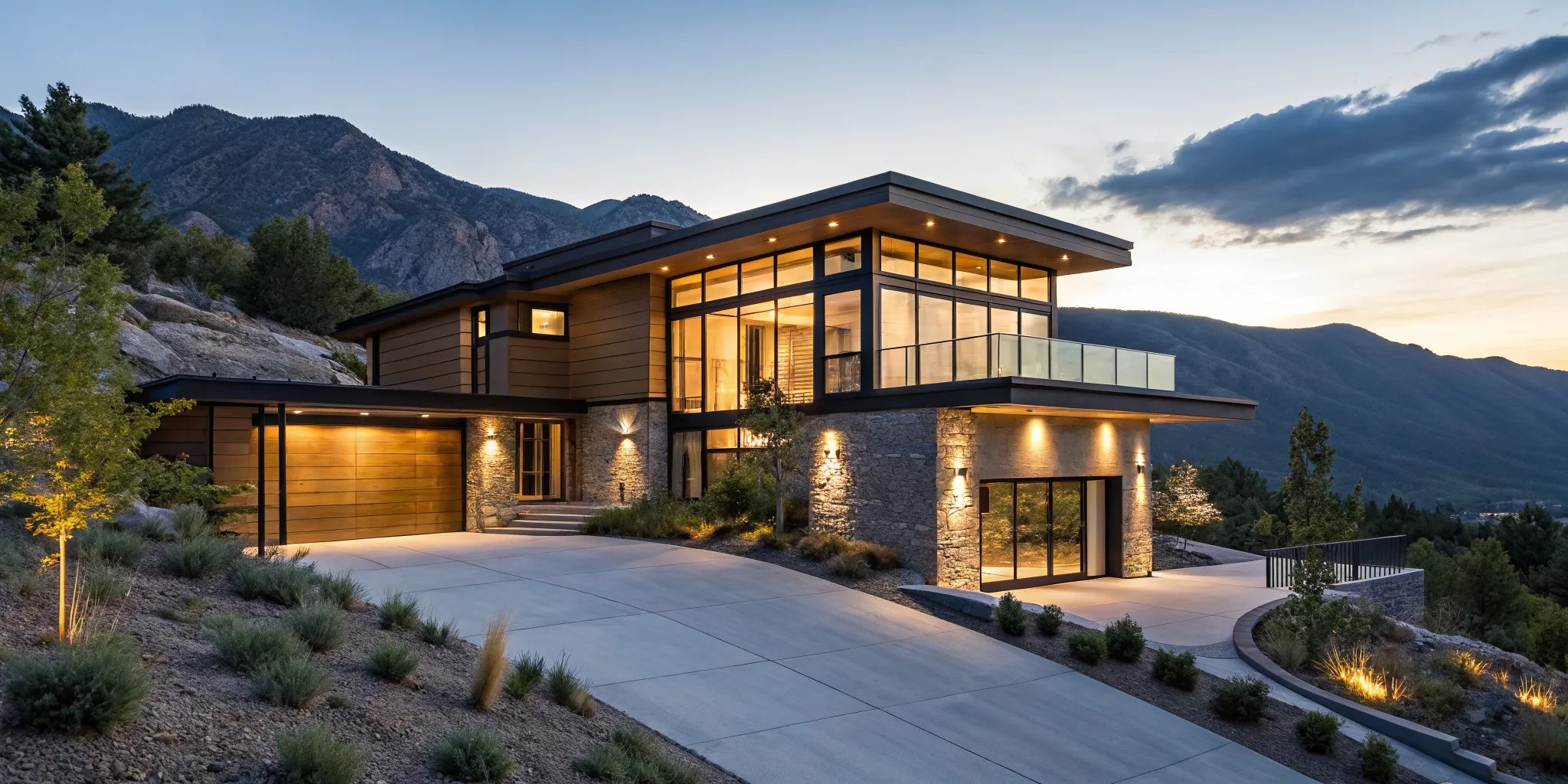 Luxury mountain home at dusk, a property that makes you ask what are current mortgage rates.