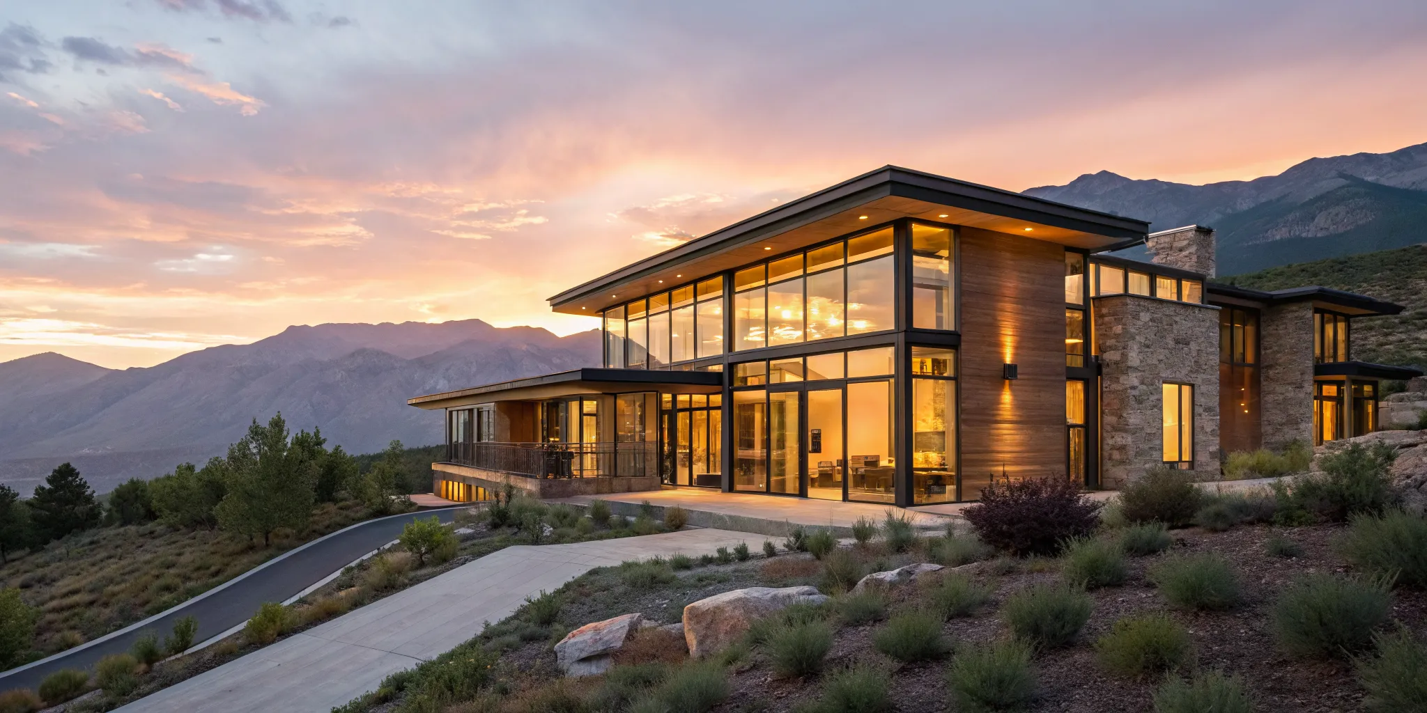 Luxury mountain second home at sunset, financed with a no-income-verification jumbo loan.