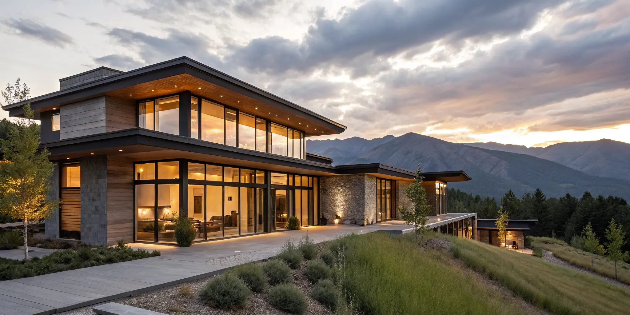 A modern second home at sunset, with its mortgage payment estimated by a loan calculator.