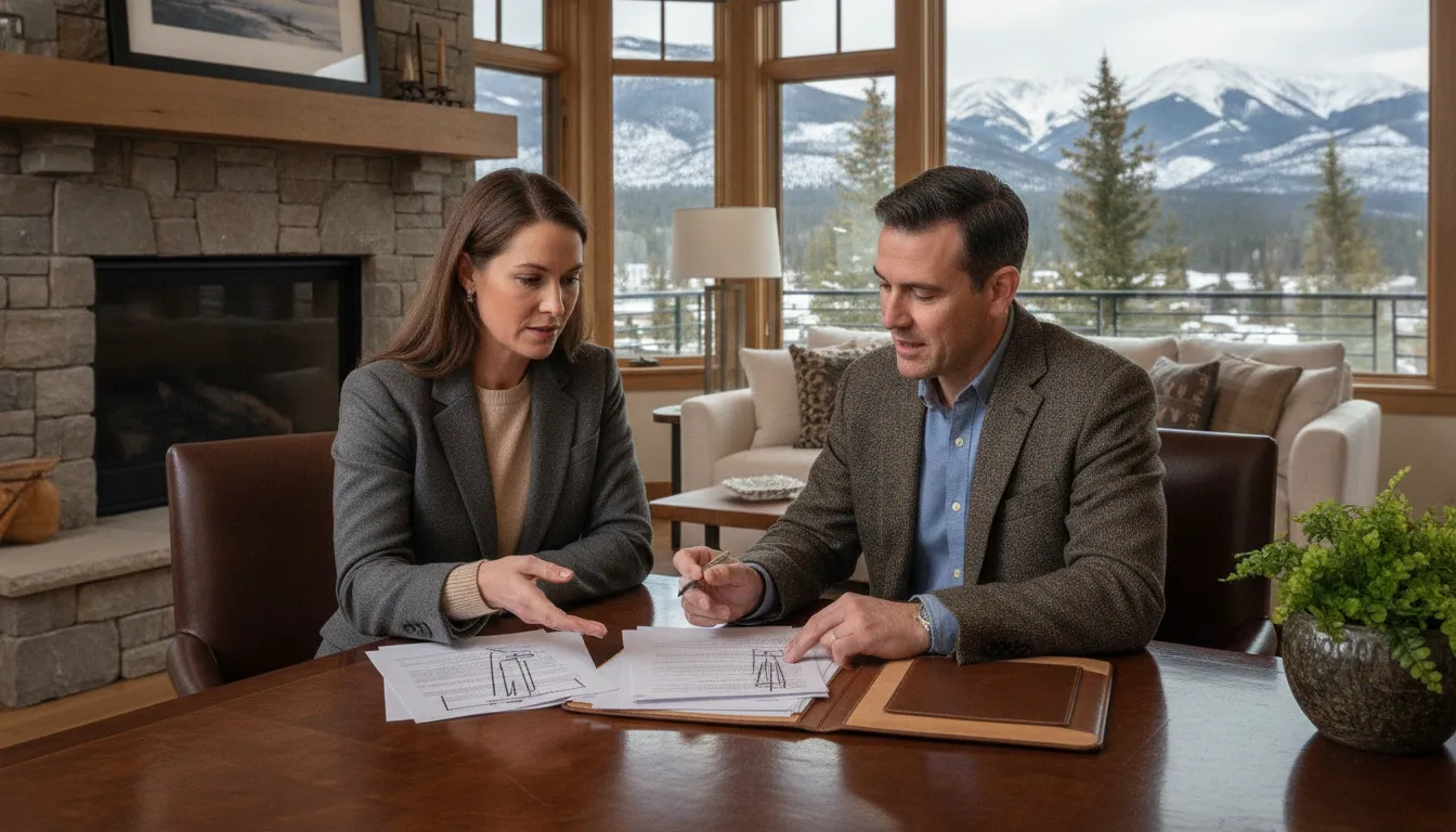 Executive discussing stock compensation mortgage documentation with an advisor