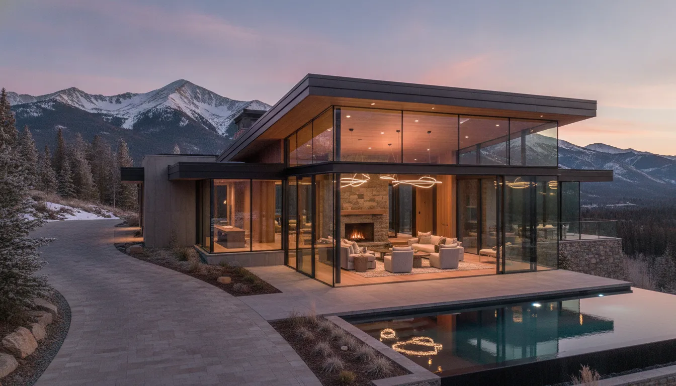 A stunning modern luxury mountain home in Park City, Utah at sunset with snow-capped mountains in the background.