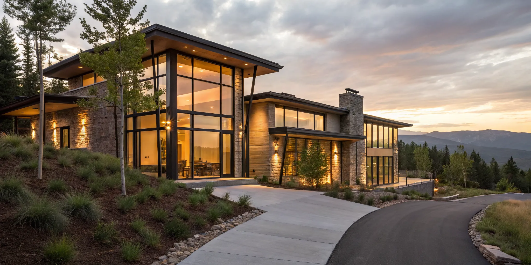 Modern mountain house at sunset, a second home secured with a great loan rate.