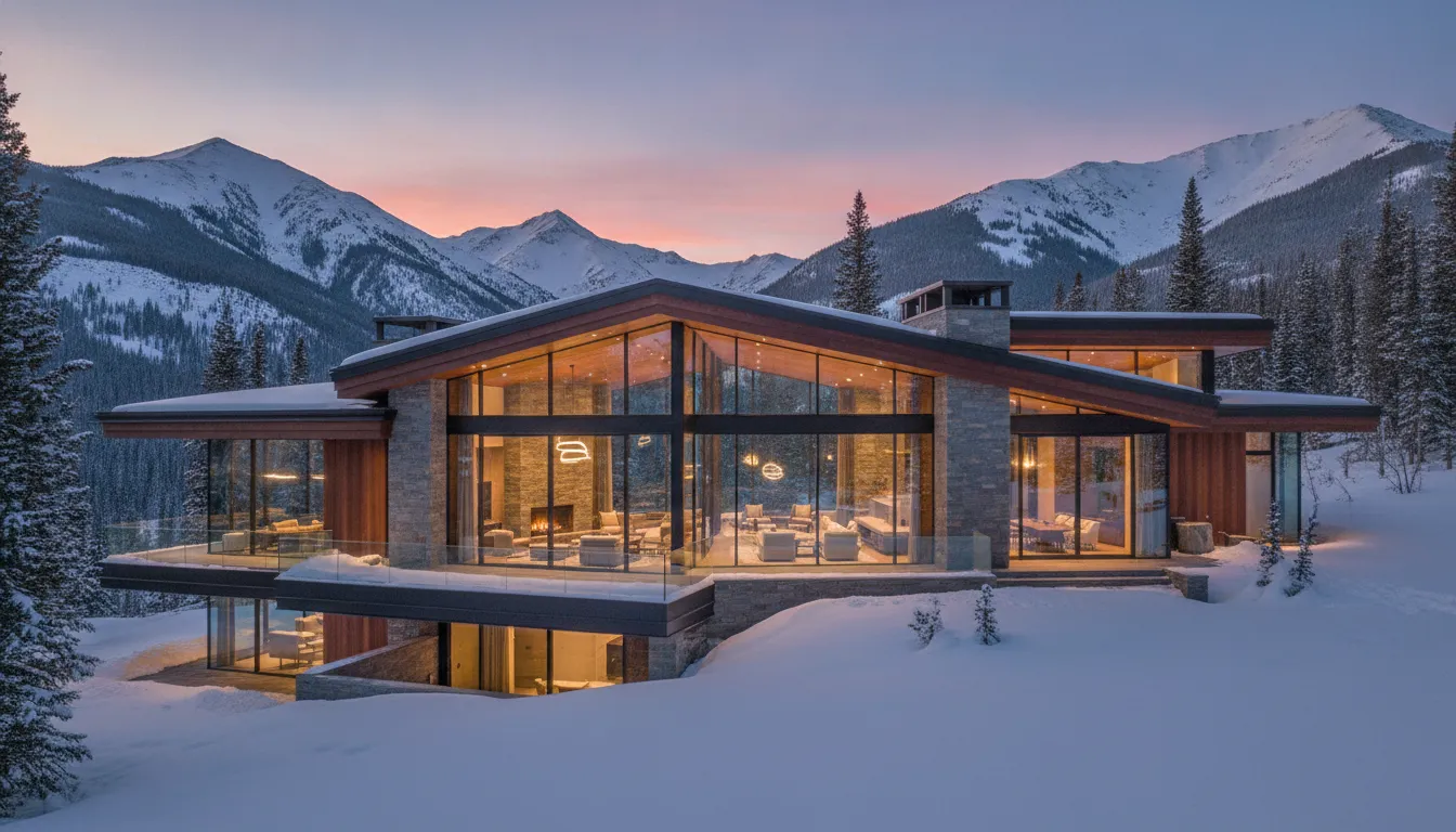 A stunning mountain modern luxury home in Park City Utah at sunset with snow-capped mountains in the background.