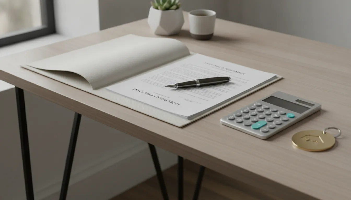 A modern desk featuring estate planning documents, a key with a luxury house keychain, and a fountain pen, illustrating the process of getting a mortgage in a trust.