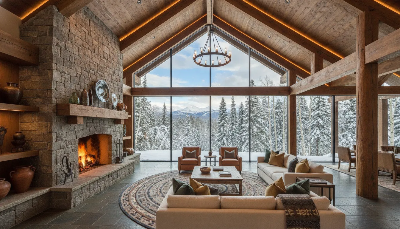 An elegant luxury mountain estate living room in Park City, Utah, showing high-end property financing.