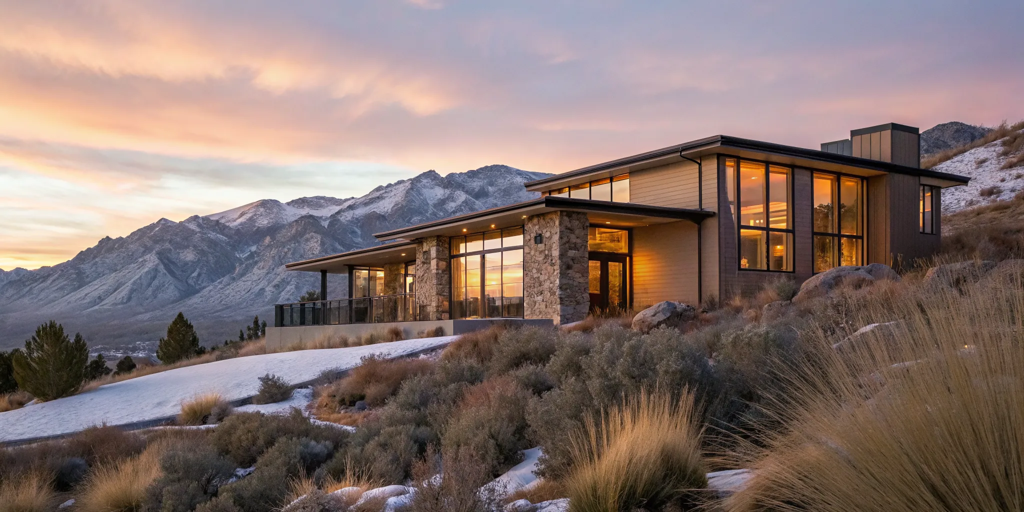 A modern mountain home at sunset, the goal of learning how to get a mortgage for a second home.