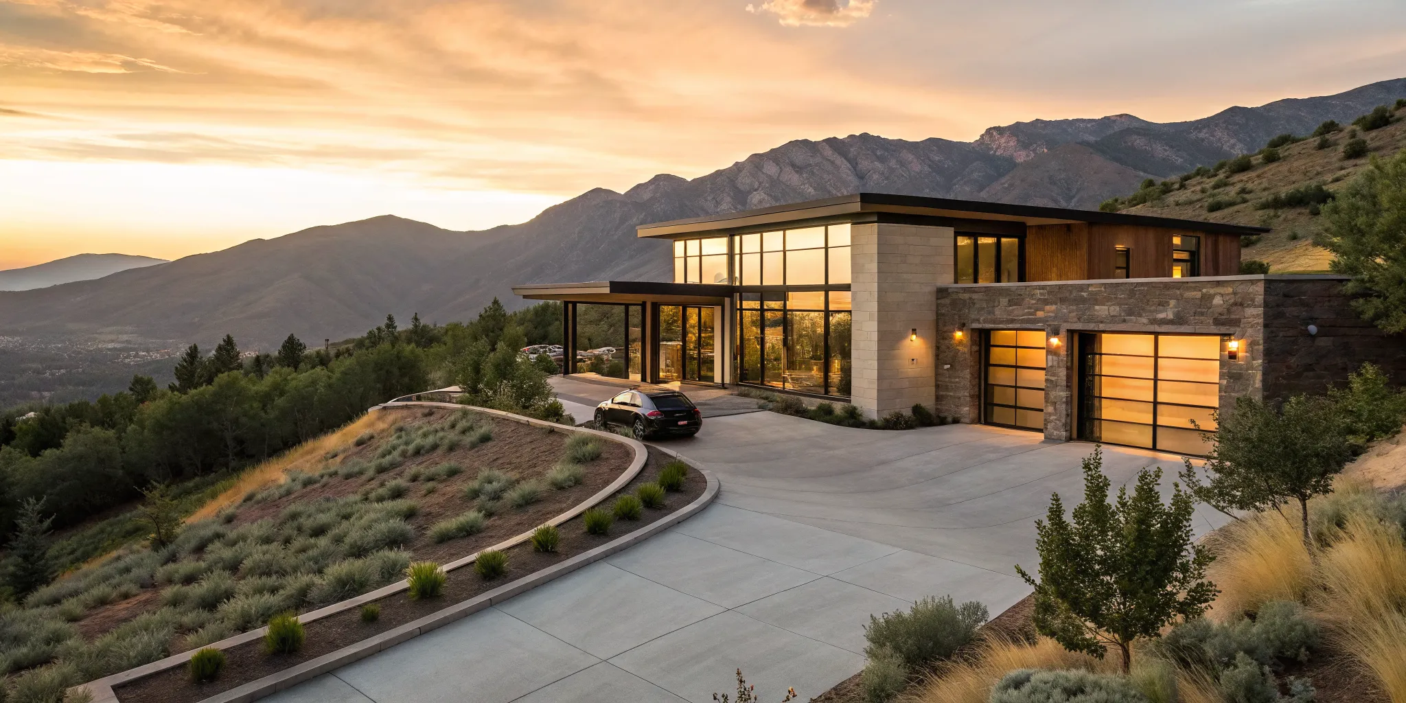 A modern second home with mountain views financed with a conventional loan.