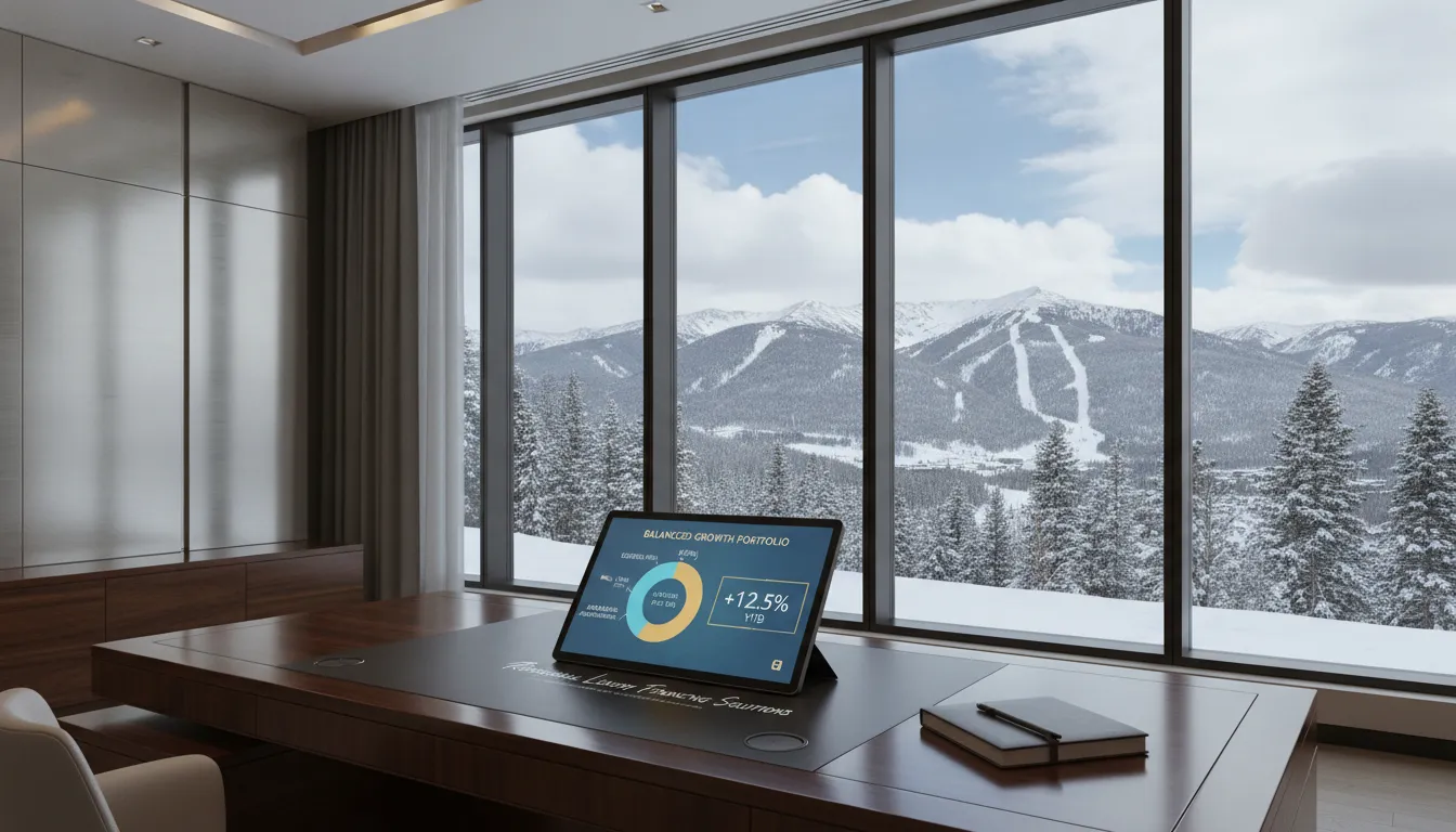A luxury office in Park City showing a financial portfolio screen with Utah mountain peak views in the background