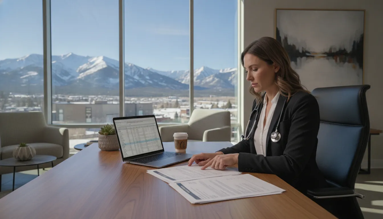 Doctor reviewing mortgage paperwork on laptop in a modern Park City office with mountain views through the window