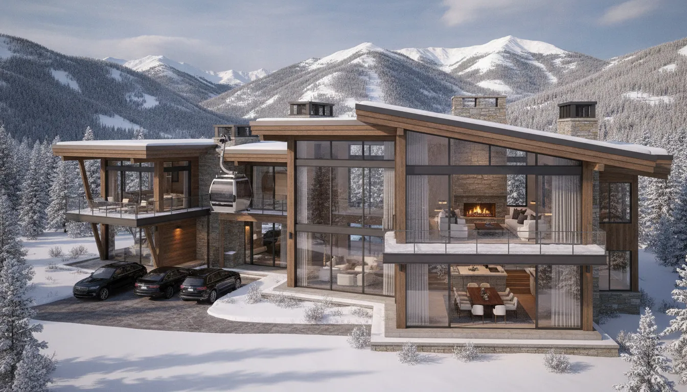 Luxury mountain home in Park City Utah with snow capped peaks and modern architecture