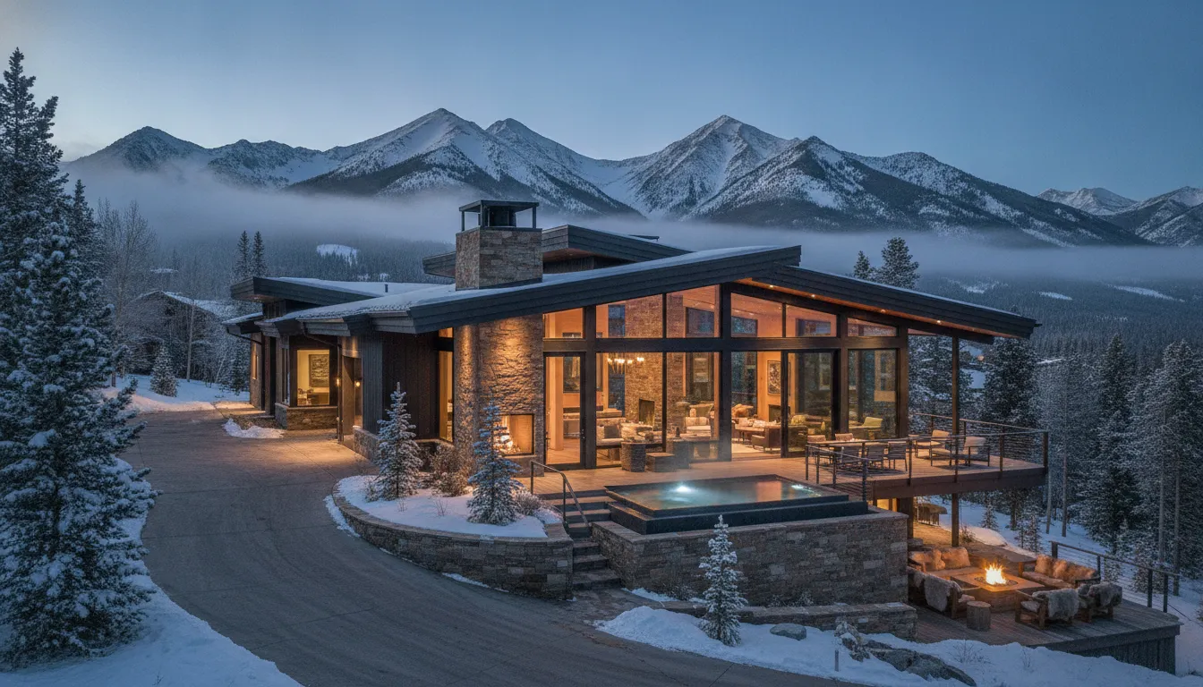 Luxury mountain home in Park City, Utah with snow-capped peaks and warm interior lighting