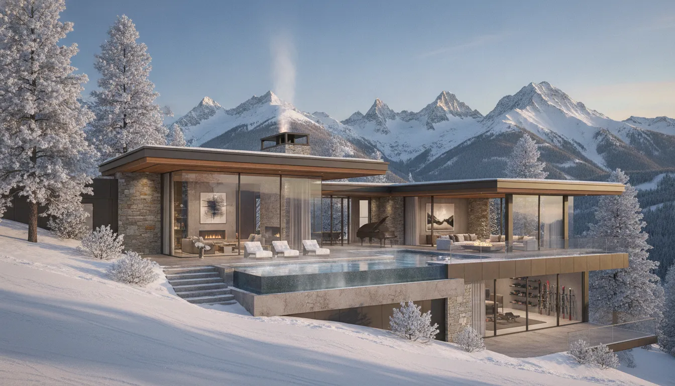 Luxury mountain home in Deer Valley Utah with snow-capped peaks and modern architectural design