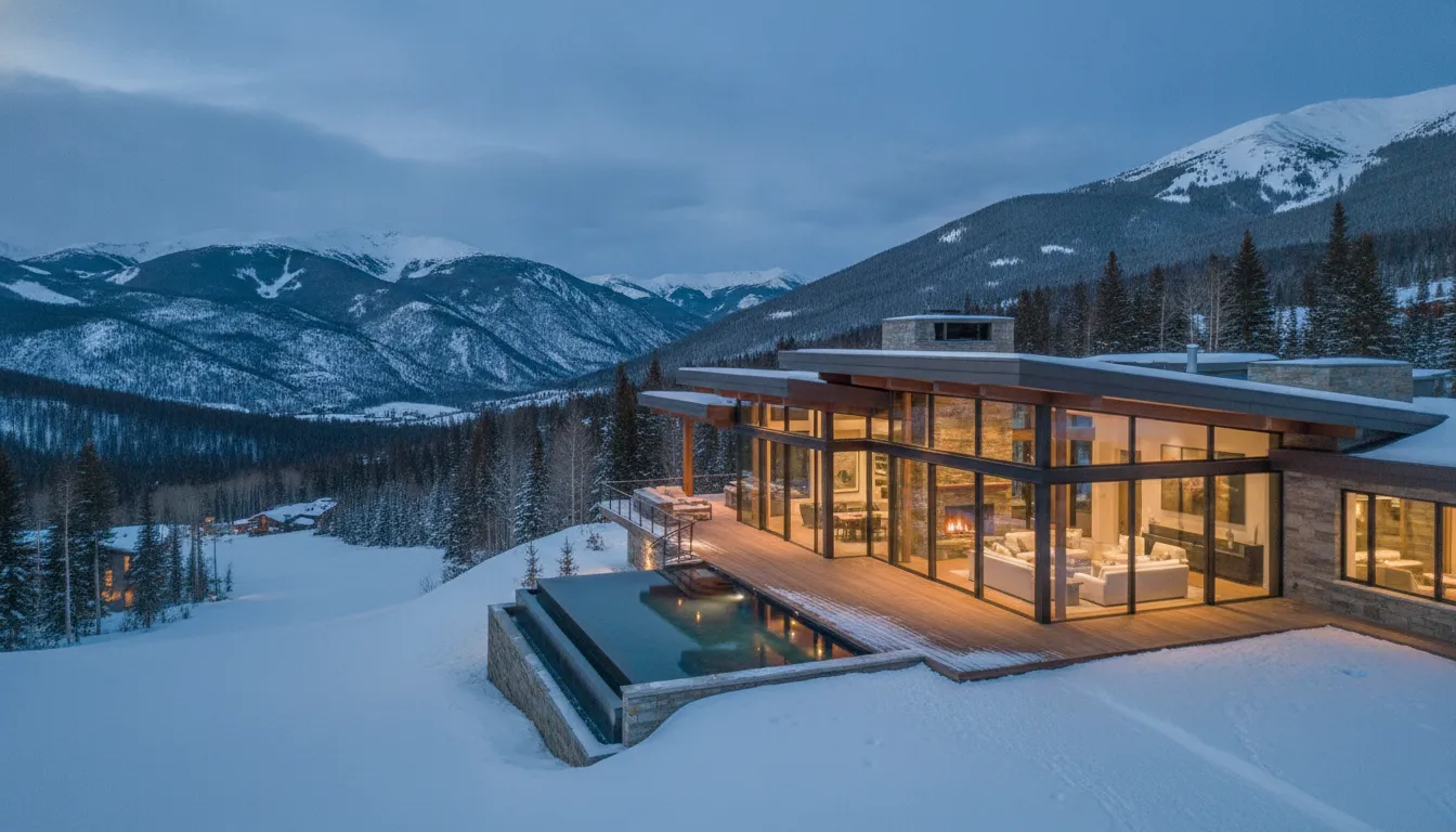 Luxury mountain home in Park City Utah with snow-covered peaks in background