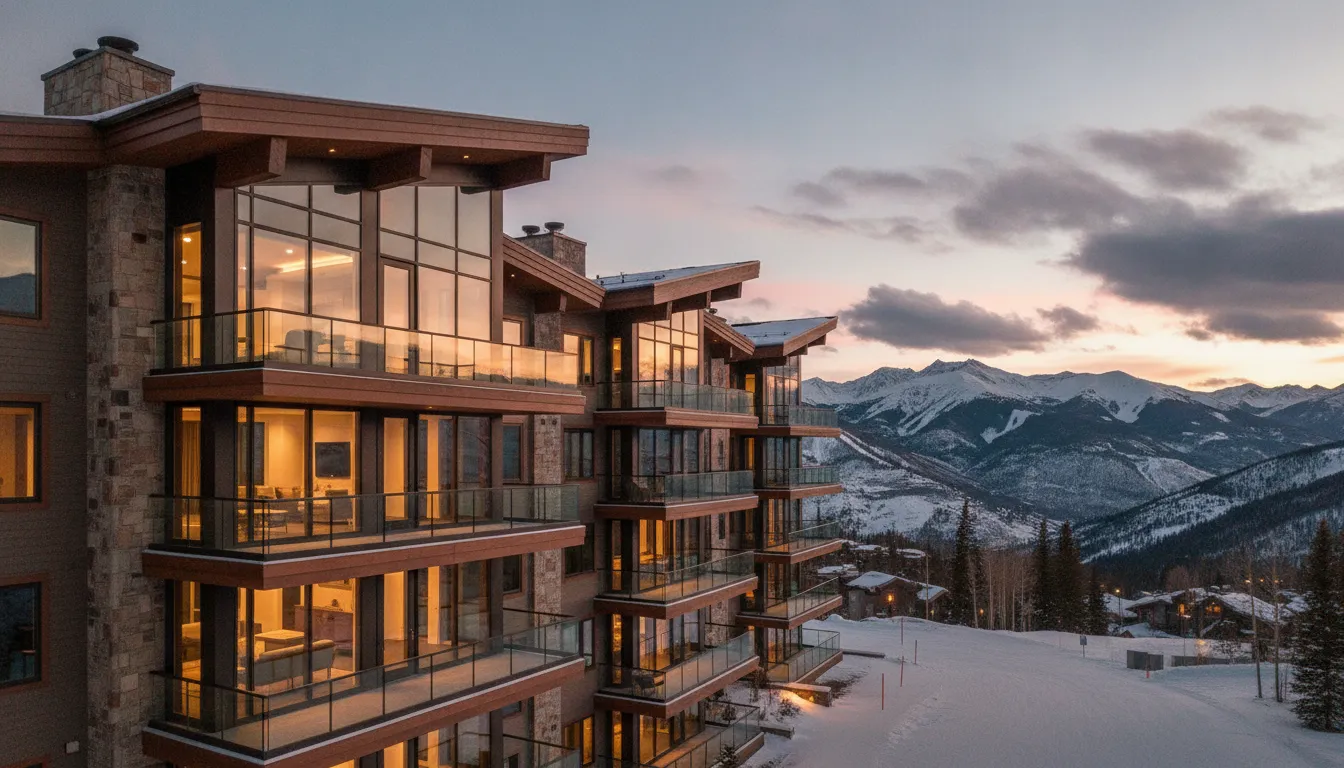 Luxury mountain condominium in Canyons Village, Park City, Utah at sunset with snow-capped mountains