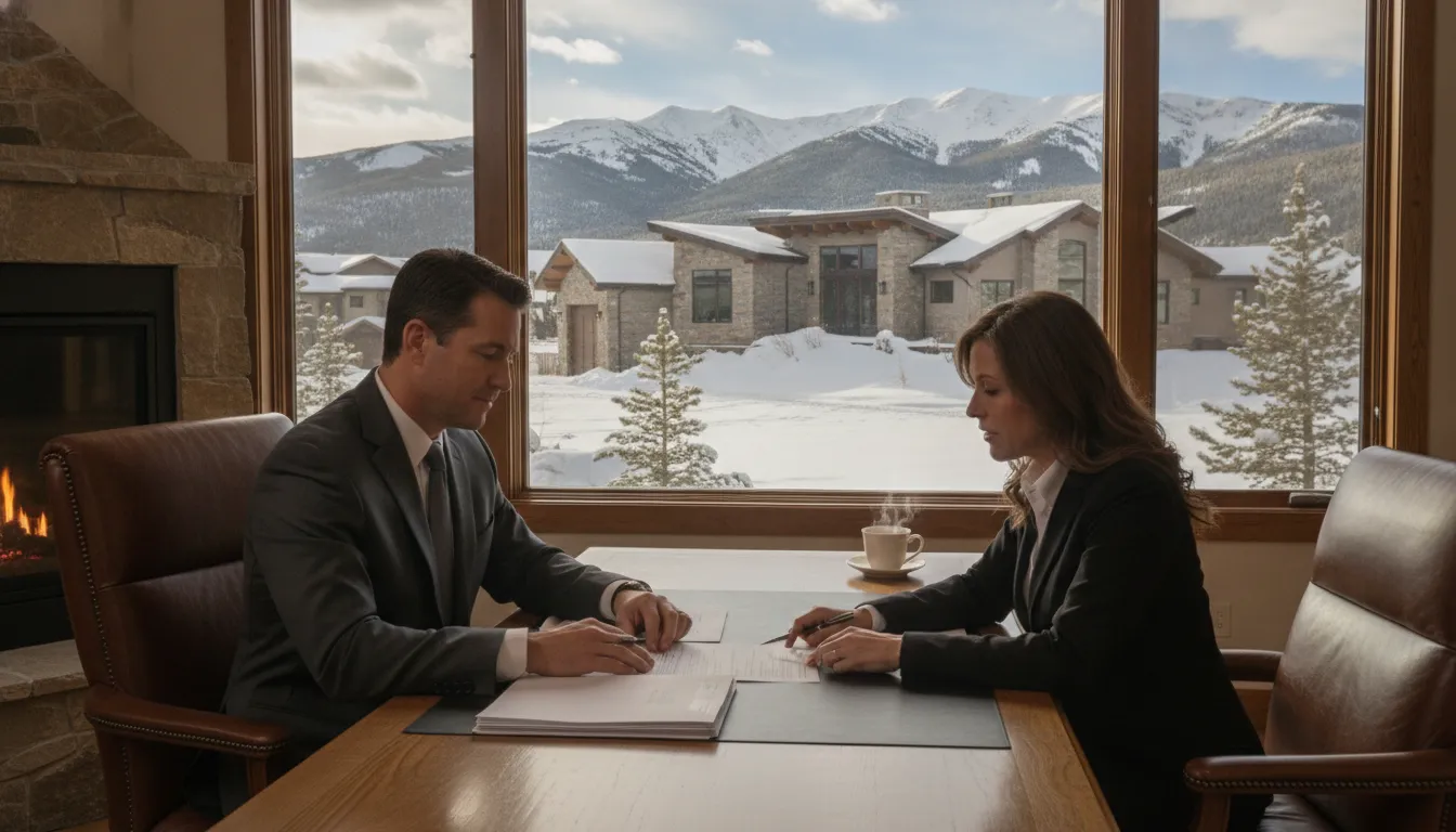 Business owner reviewing mortgage documents with luxury mountain home in background