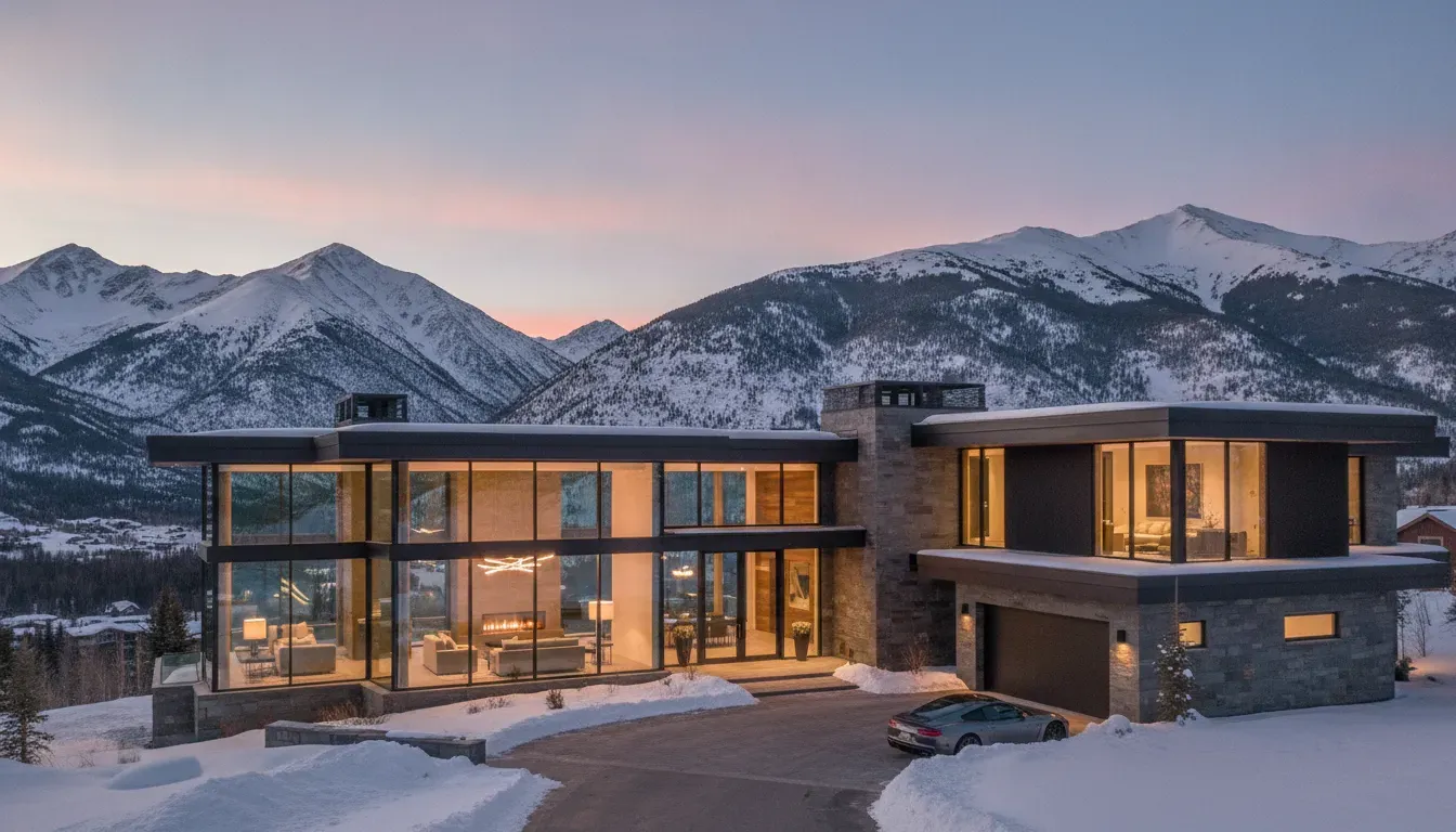 Luxury modern home in the Utah mountains at sunset with snow-capped peaks in the background, representing high-value Park City real estate