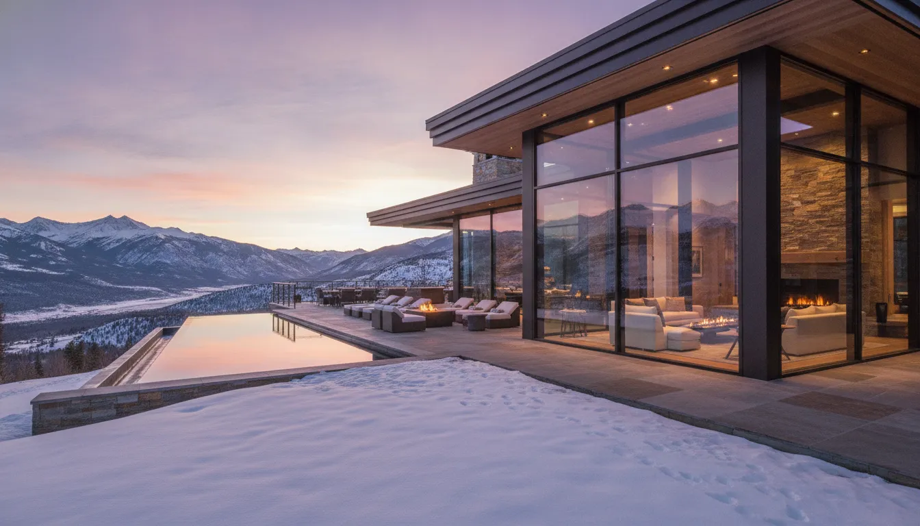 Modern luxury mountain home in Park City Utah at sunset, expansive glass walls, snow-capped mountains in background