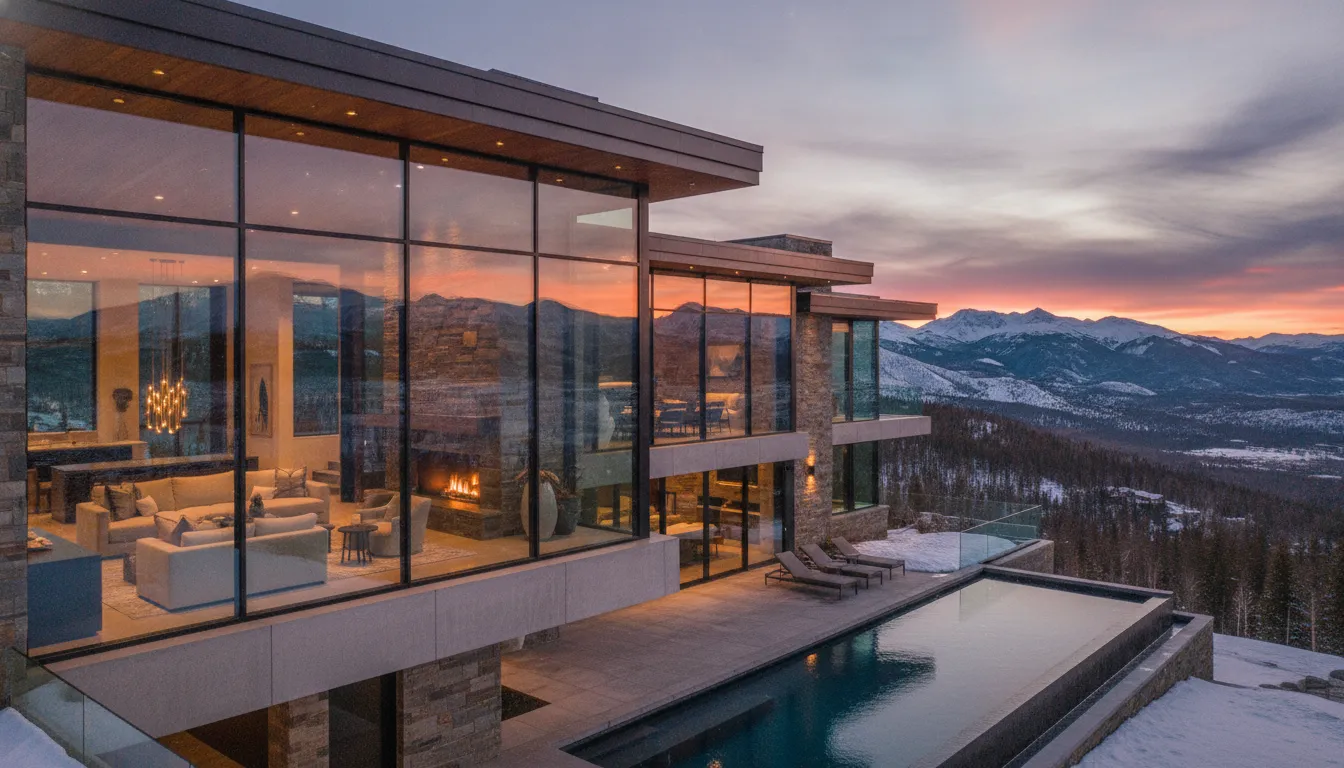Luxury mountain modern home at sunset in Park City with snow-capped mountains and expansive glass windows