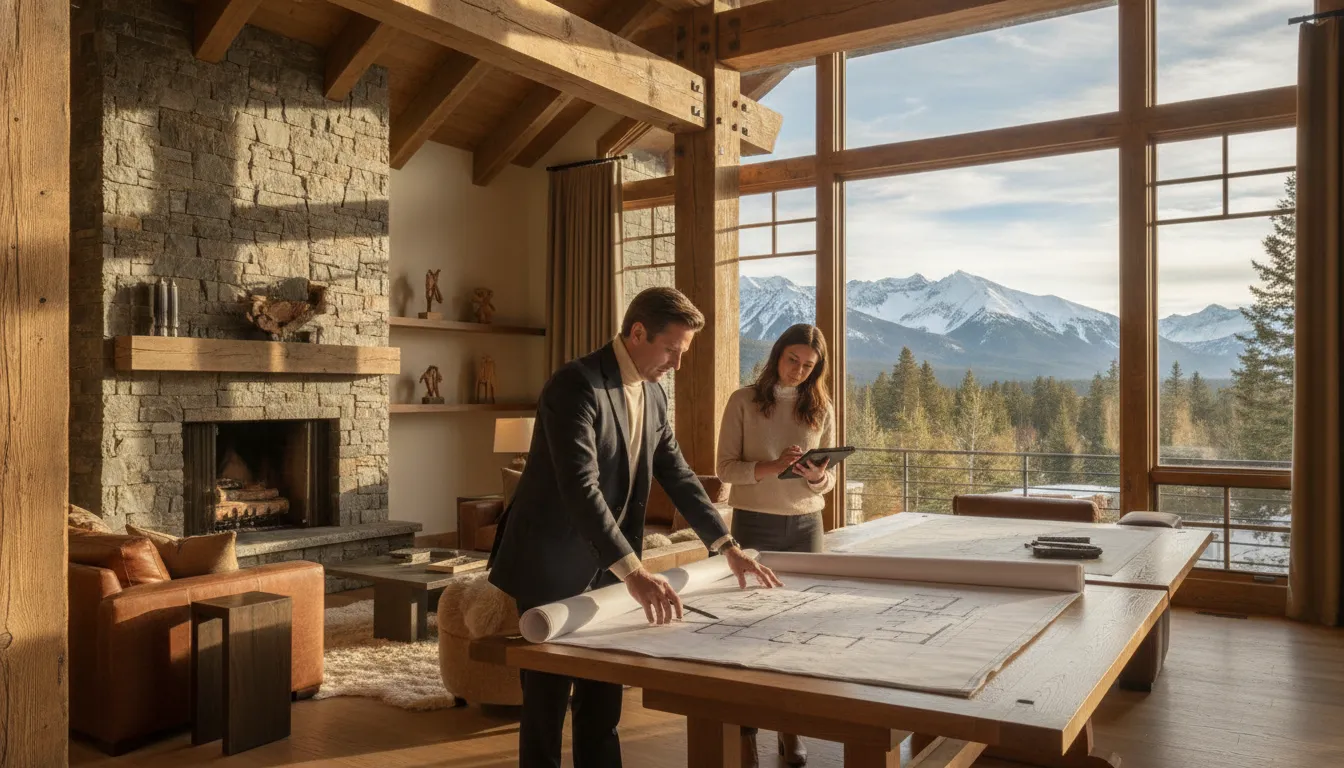 Architect reviewing blueprints for a custom mountain home with mountain views through large windows