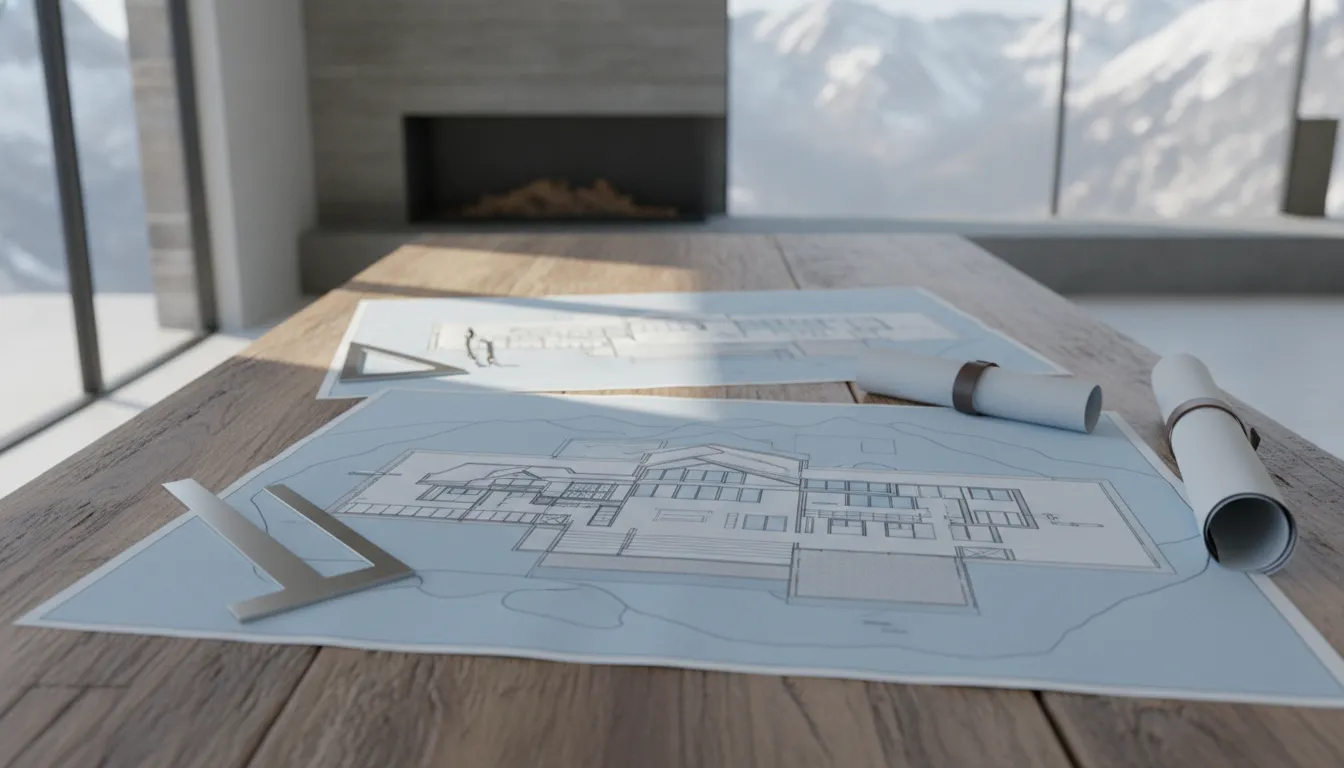 Luxury mountain home architectural plans and blueprints on a wooden table