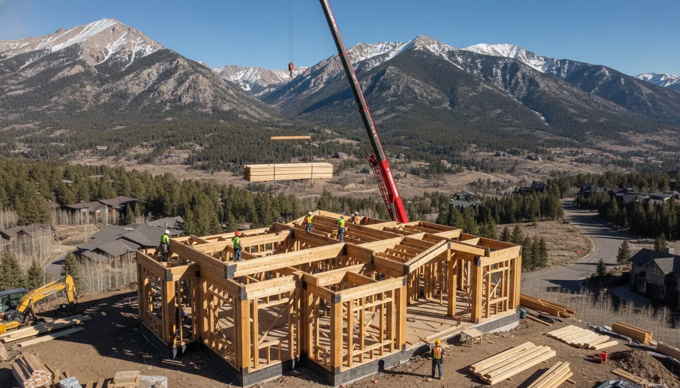 Luxury mountain home under construction in Park City with framed walls and mountain views