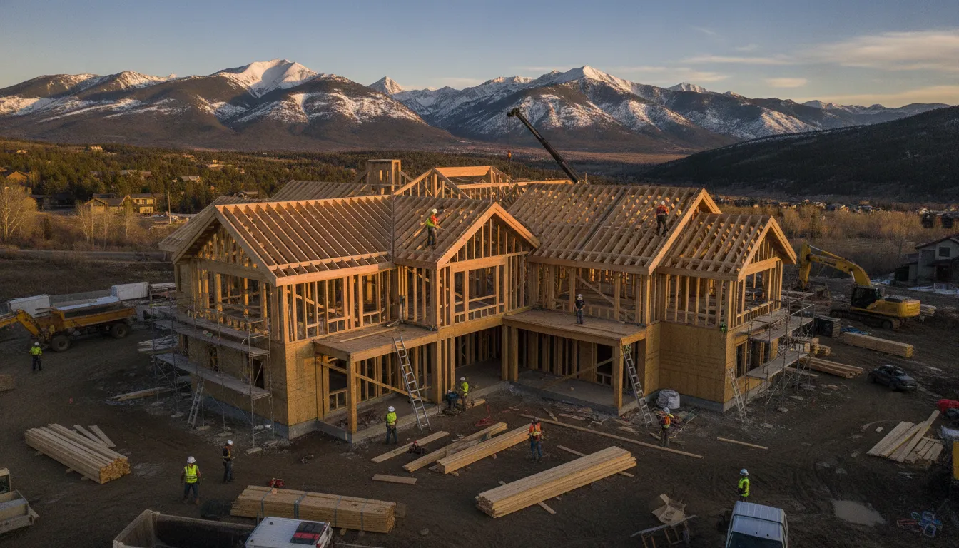 Framing stage of a luxury mountain home construction in Park City with snow-capped peaks in the background