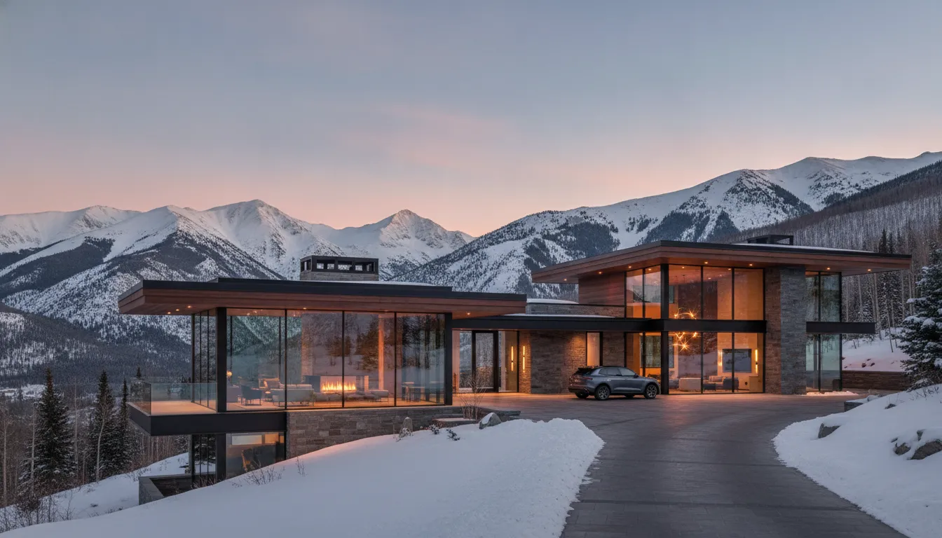 Modern luxury mountain home with glass walls and warm interior lighting at golden hour in Park City, Utah