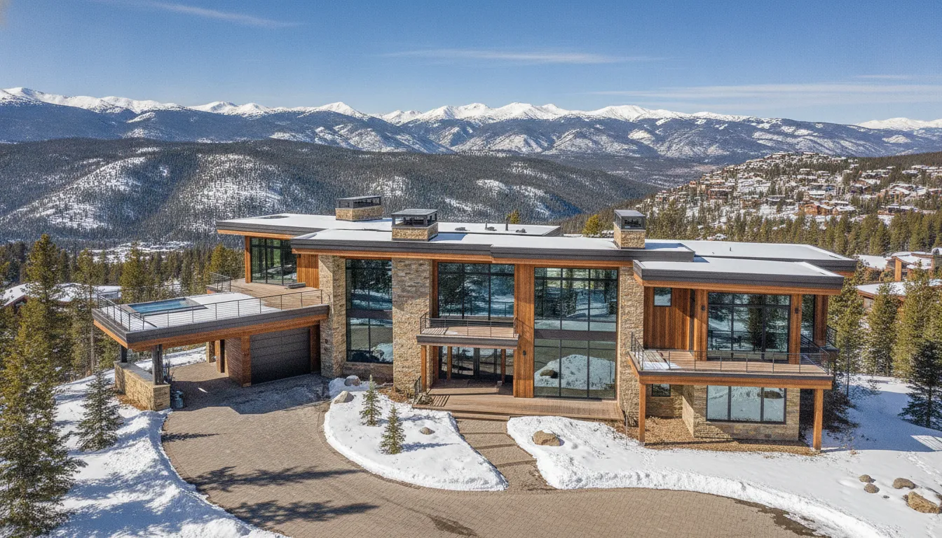 Luxury mountain home in Park City, Utah with snow-capped peaks in background
