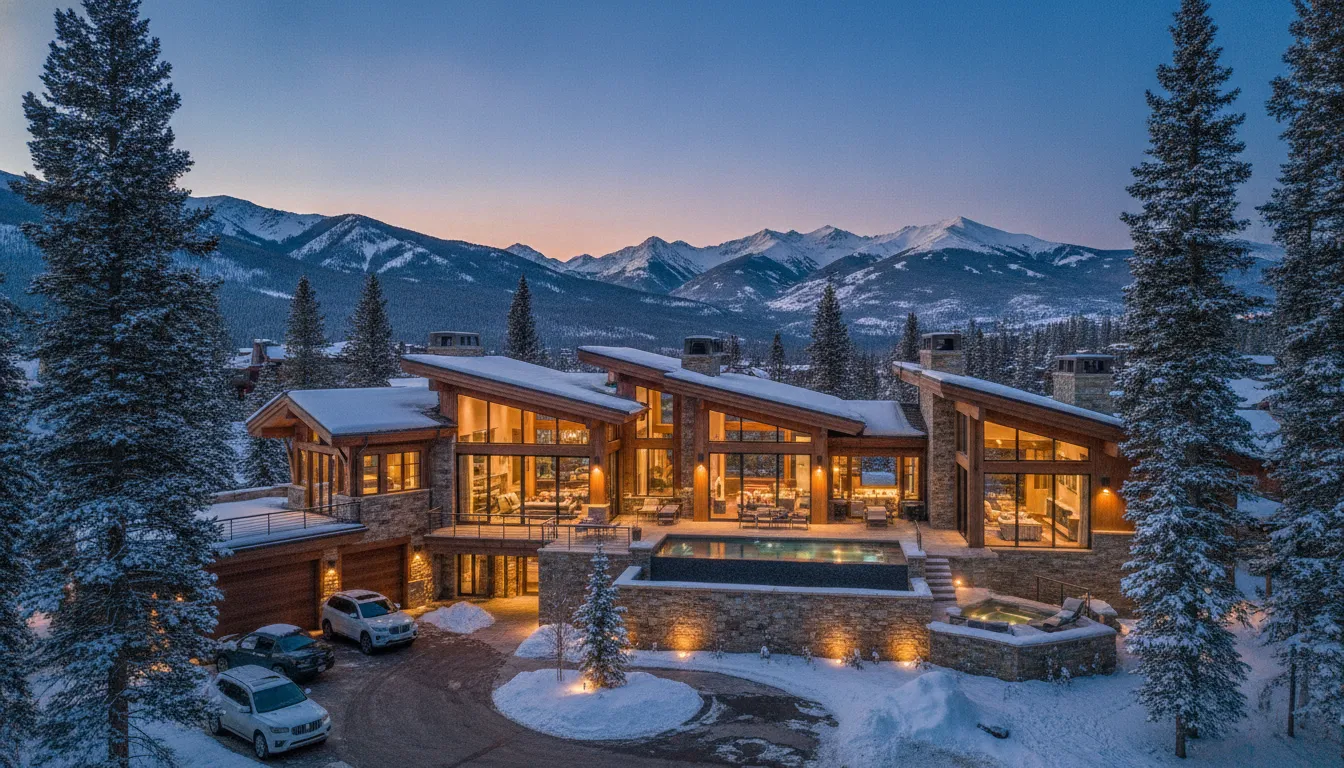 Luxury mountain home in Park City Utah at twilight with snow-capped mountains and pine trees