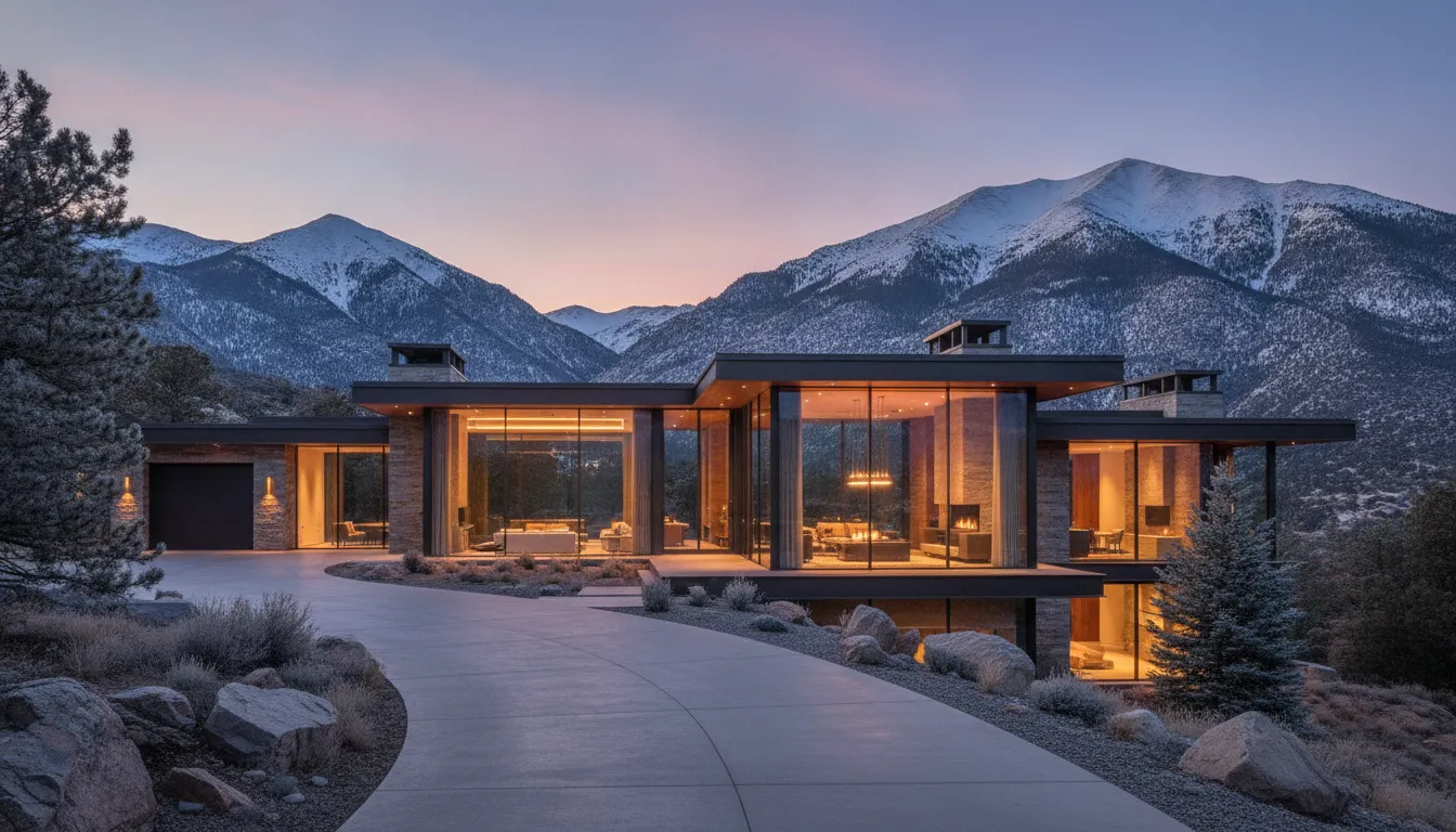 A luxury modern second home in the Utah mountains at sunset with expansive glass walls and snow-capped peaks.