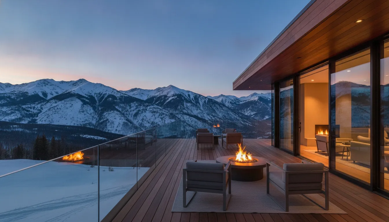 Snow-capped Utah peaks seen from the deck of a luxury modern second home at dusk.