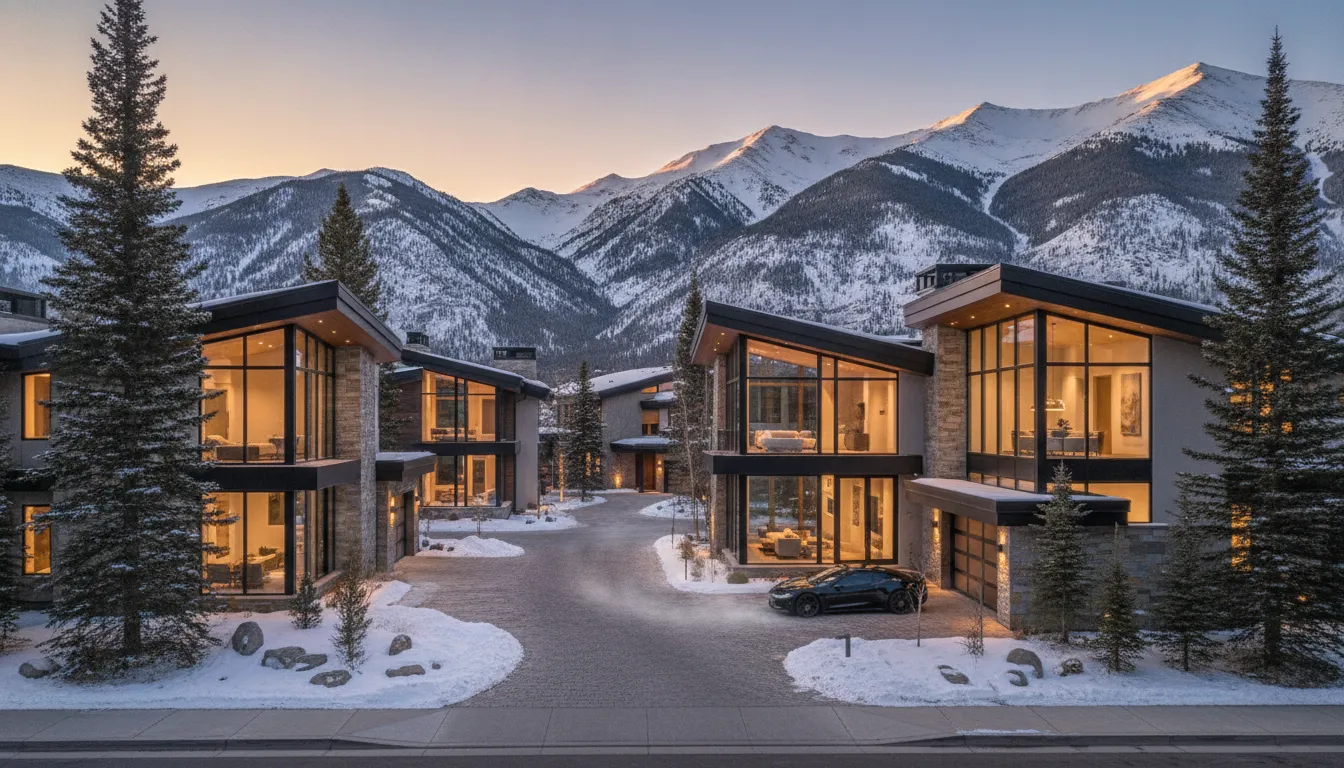 Luxury ski-in ski-out second homes in the Utah mountains at golden hour with warm interior light.