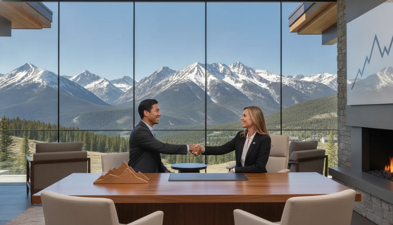 Luxury mountain home in Park City Utah with mortgage advisor discussing financing options with international buyers