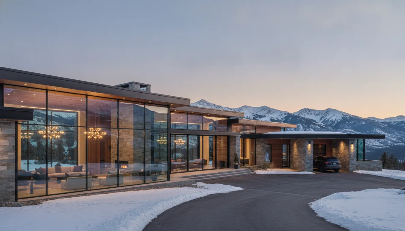 Luxury modern mountain home in Park City Utah at sunset with glass walls, snow-capped peaks, and warm interior lighting