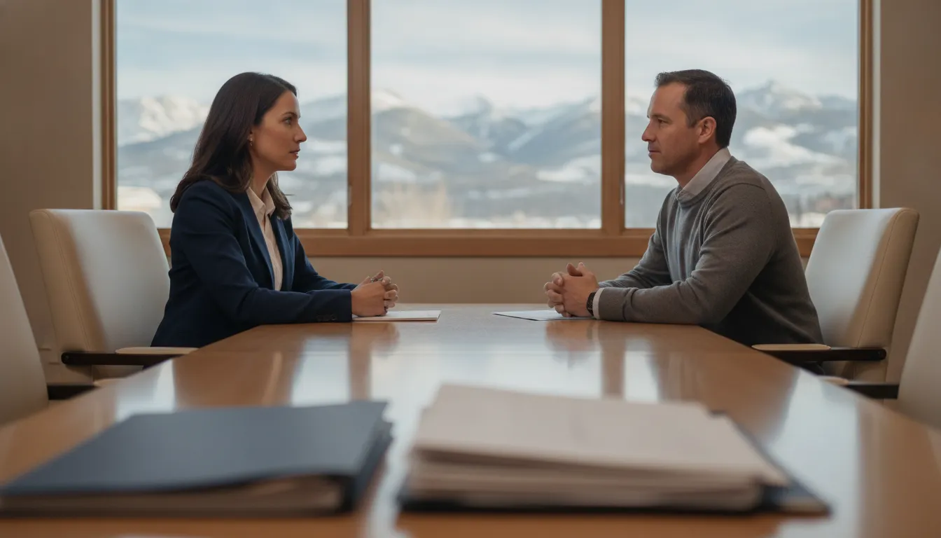 Financial advisor having a calm conversation with a homeowner at a light wood table in a Park City office with a mountain view
