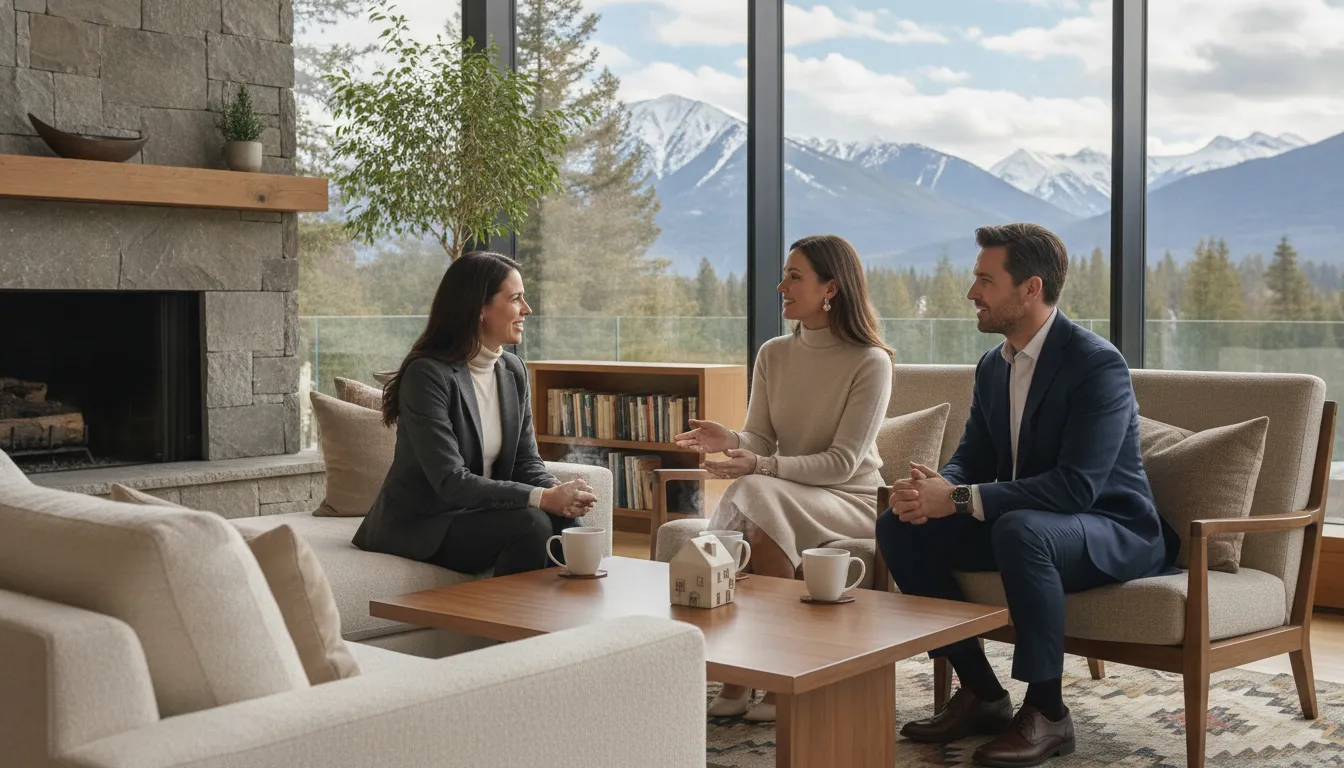 Mortgage advisor discussing financing with a couple in a Park City mountain home with snow-capped peaks through the windows