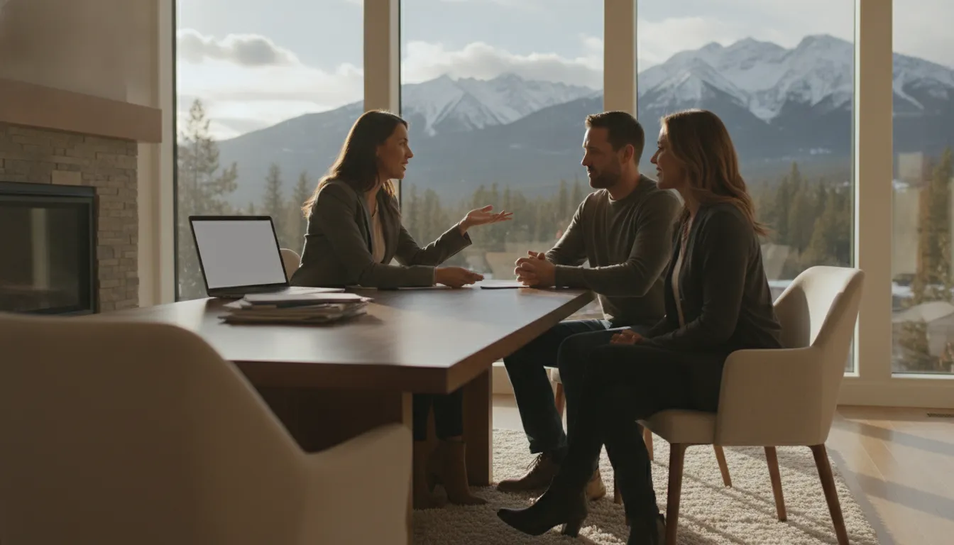 Mortgage advisor reviewing mortgage insurance and loan comparison details with a couple in a mountain home office