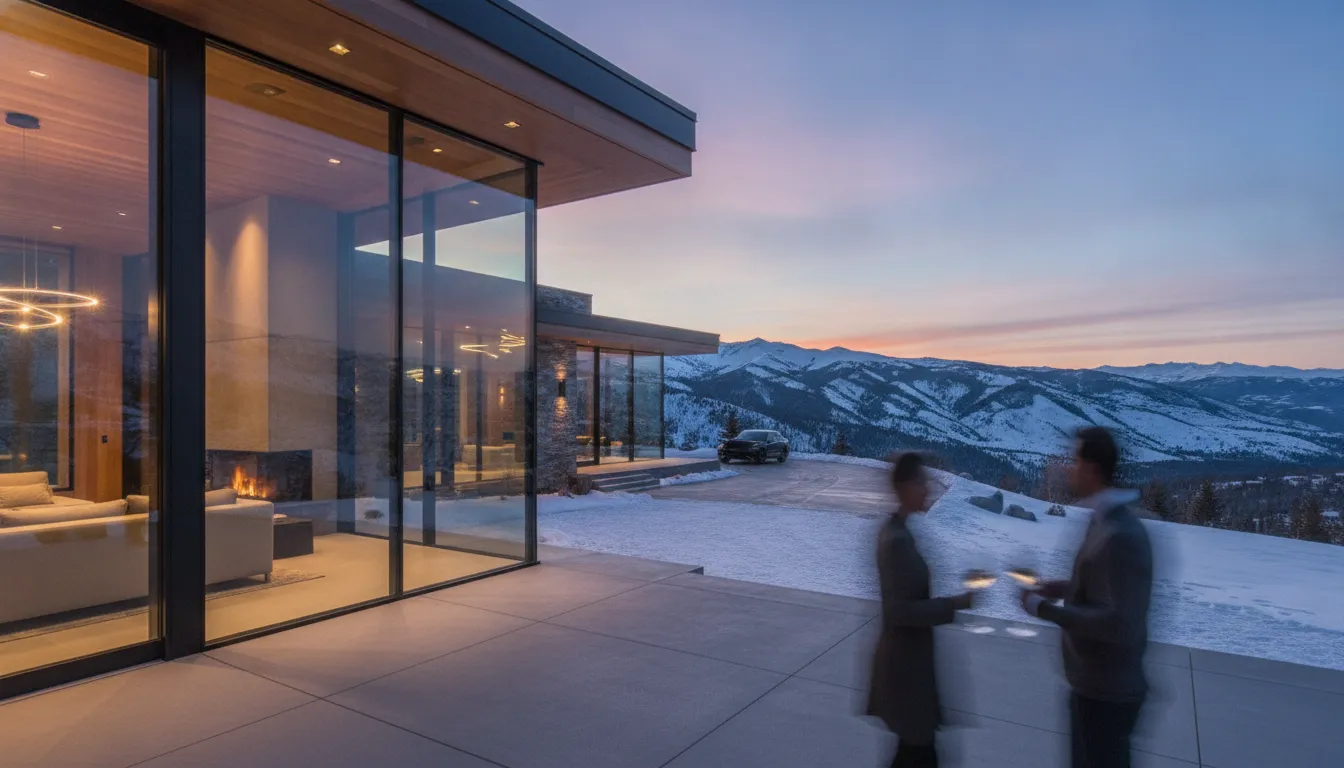 Luxury modern mountain home in Park City, Utah at sunset with glass walls and snow-capped peaks