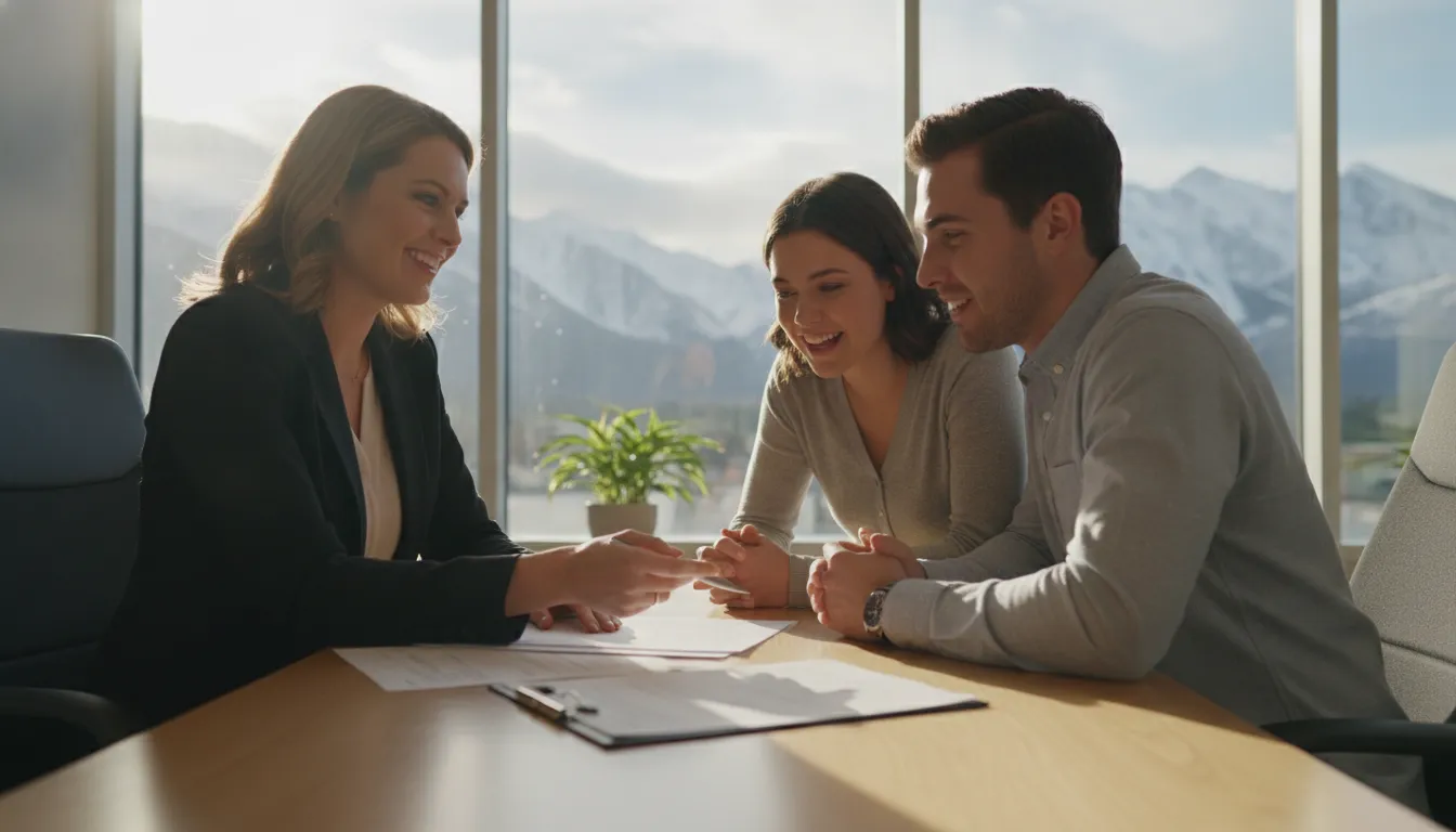Mortgage loan officer in a bright office reviewing documents with a couple buying their first Park City home