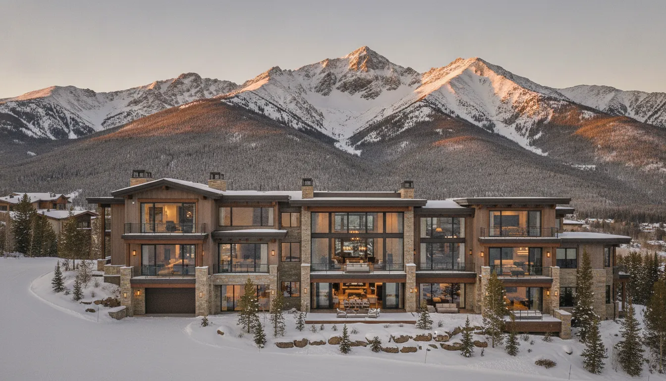 Luxury mountain home in Park City Utah at golden hour with snow-dusted Wasatch peaks behind it