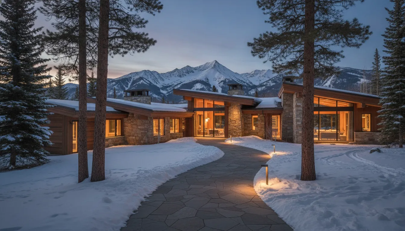 Modern ski-in ski-out mountain estate in Deer Valley at twilight with warm interior lights and snow-dusted pine trees
