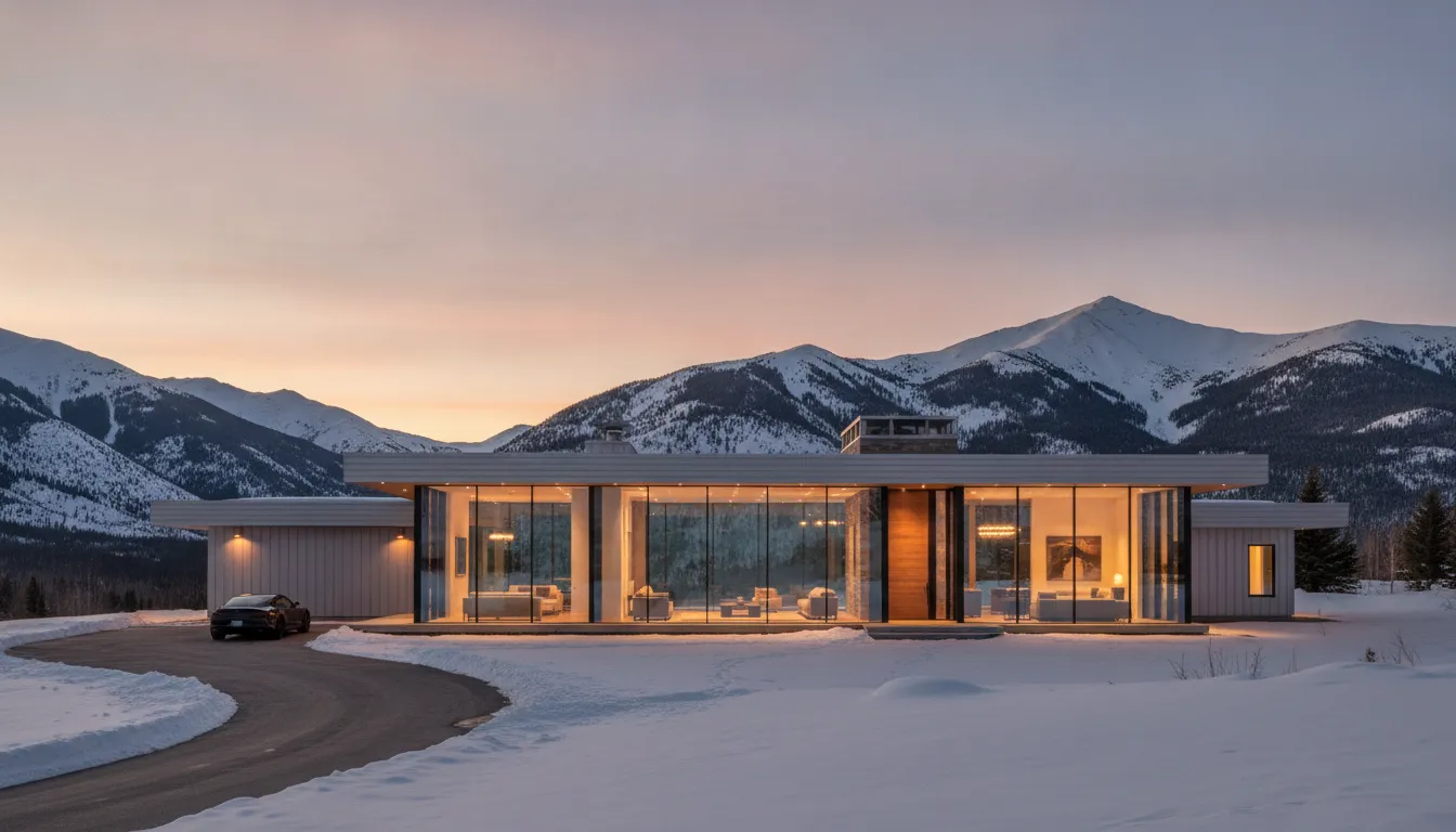 Luxury modern mountain home with glass walls near Park City at sunset